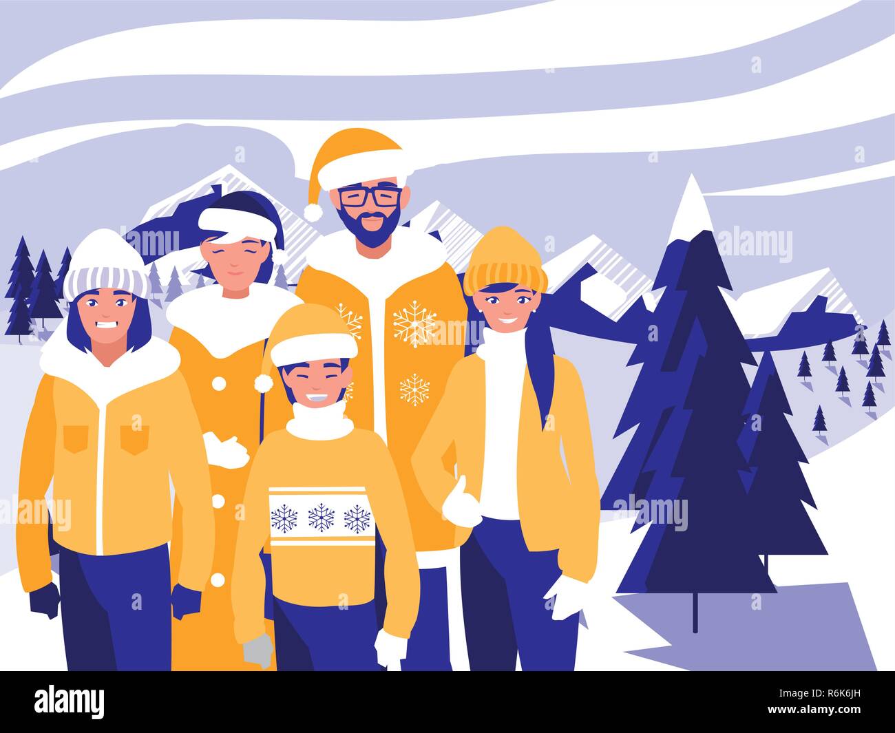 group of family with clothes christmas in winter landscape vector ...