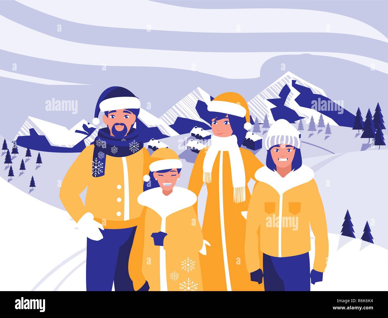 group of family with clothes christmas in winter landscape vector ...