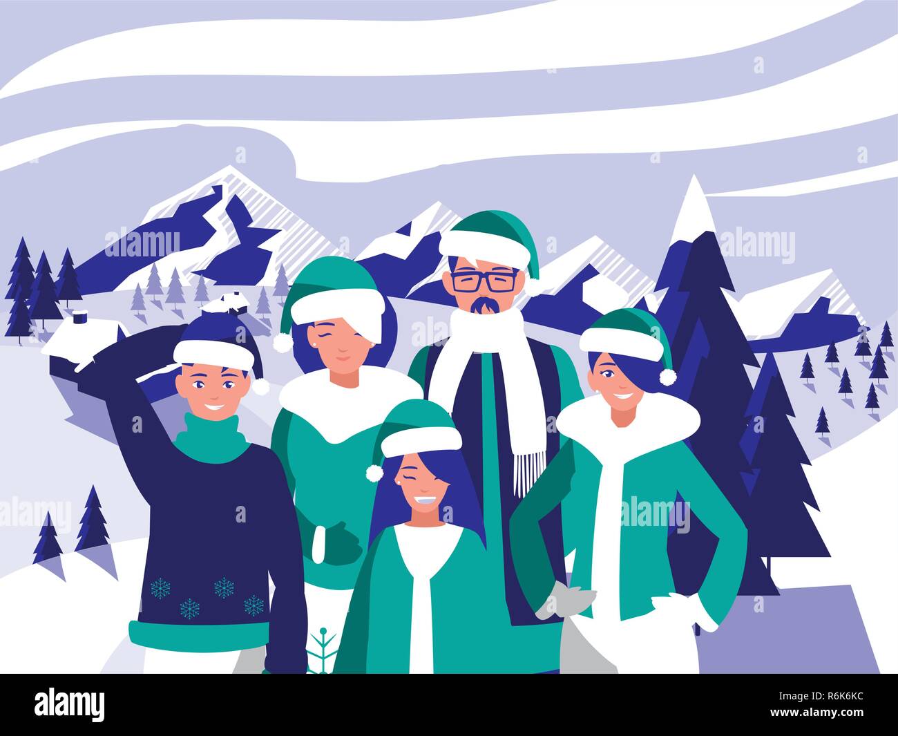 group of family with clothes christmas in winter landscape vector ...