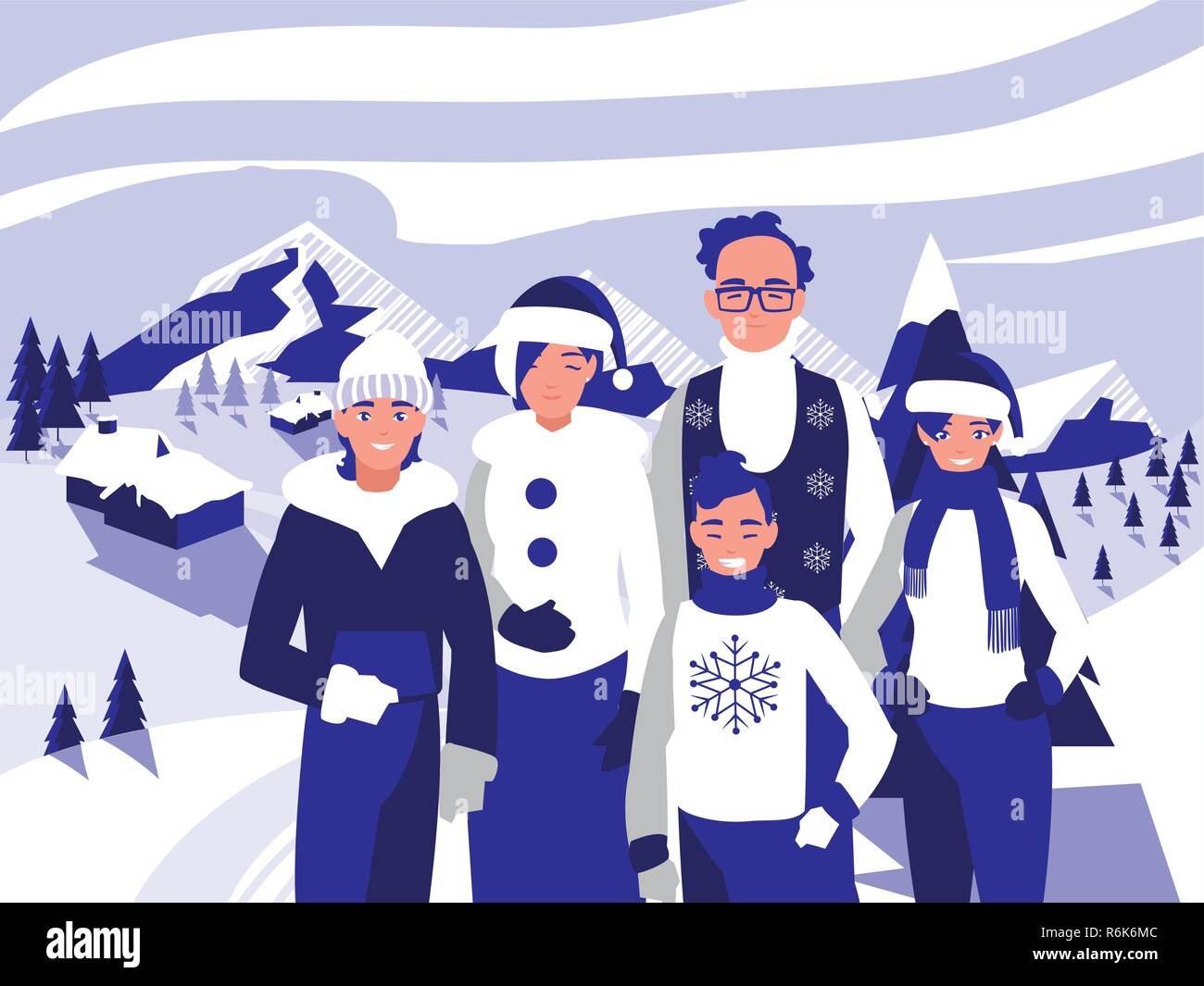 group of family with clothes christmas in winter landscape vector ...