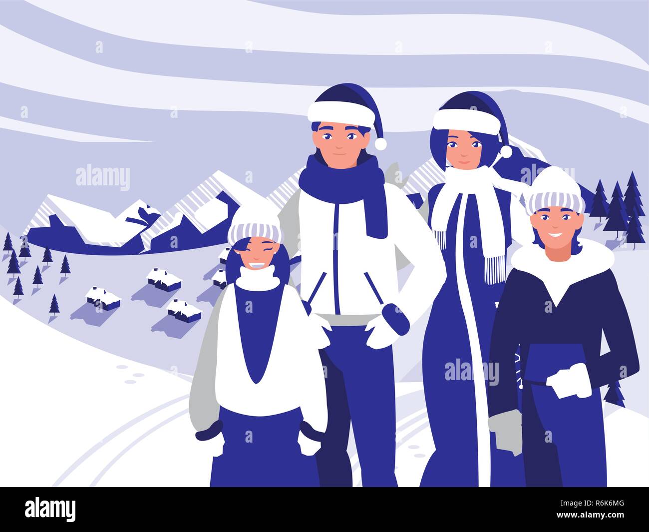 group of family with clothes christmas in winter landscape vector ...