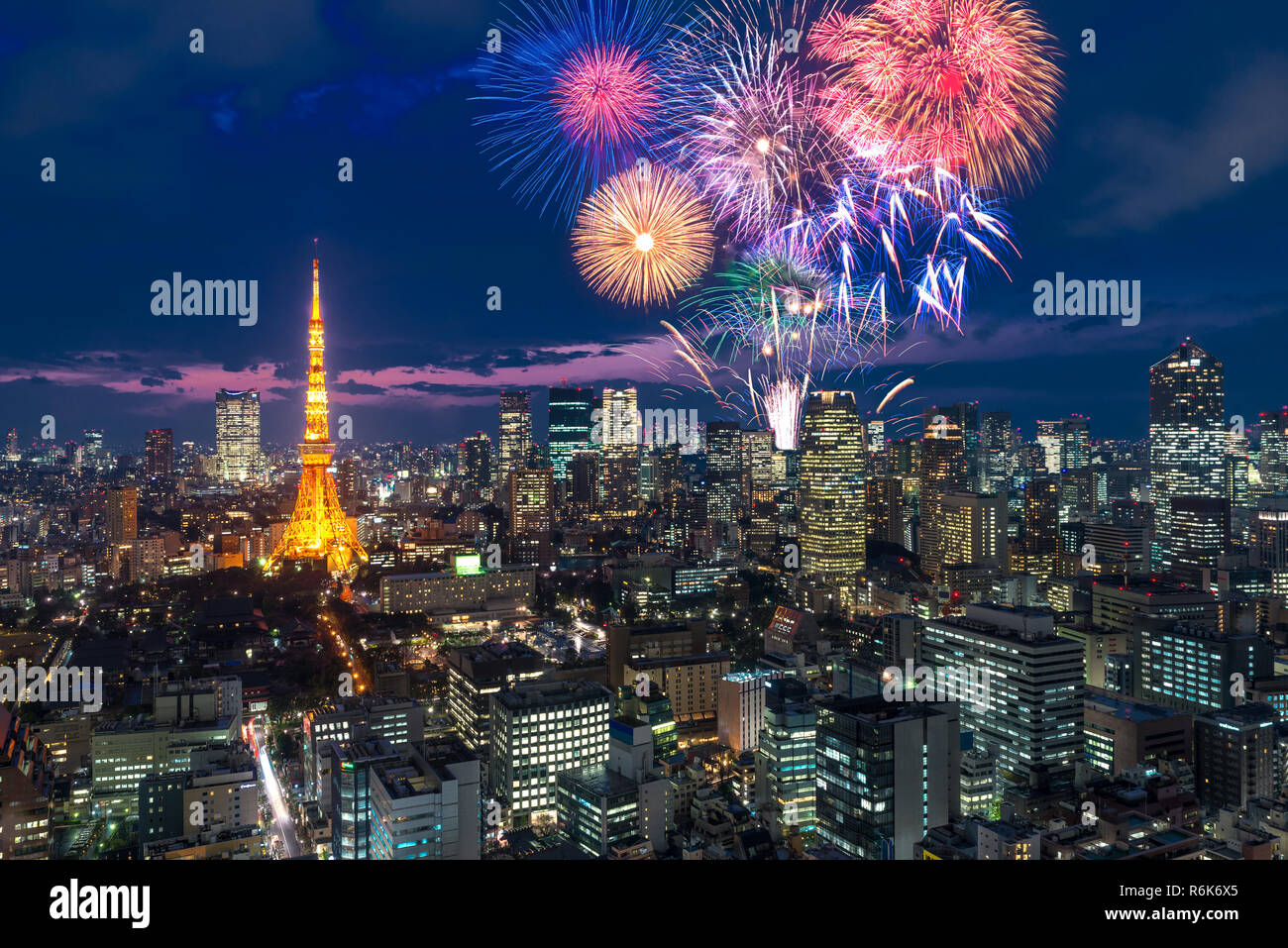 Tokyo at night, Fireworks new year celebrating over tokyo cityscape at night in Japan Stock Photo