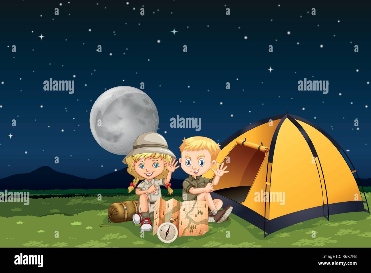 Children camping at night illustration Stock Vector