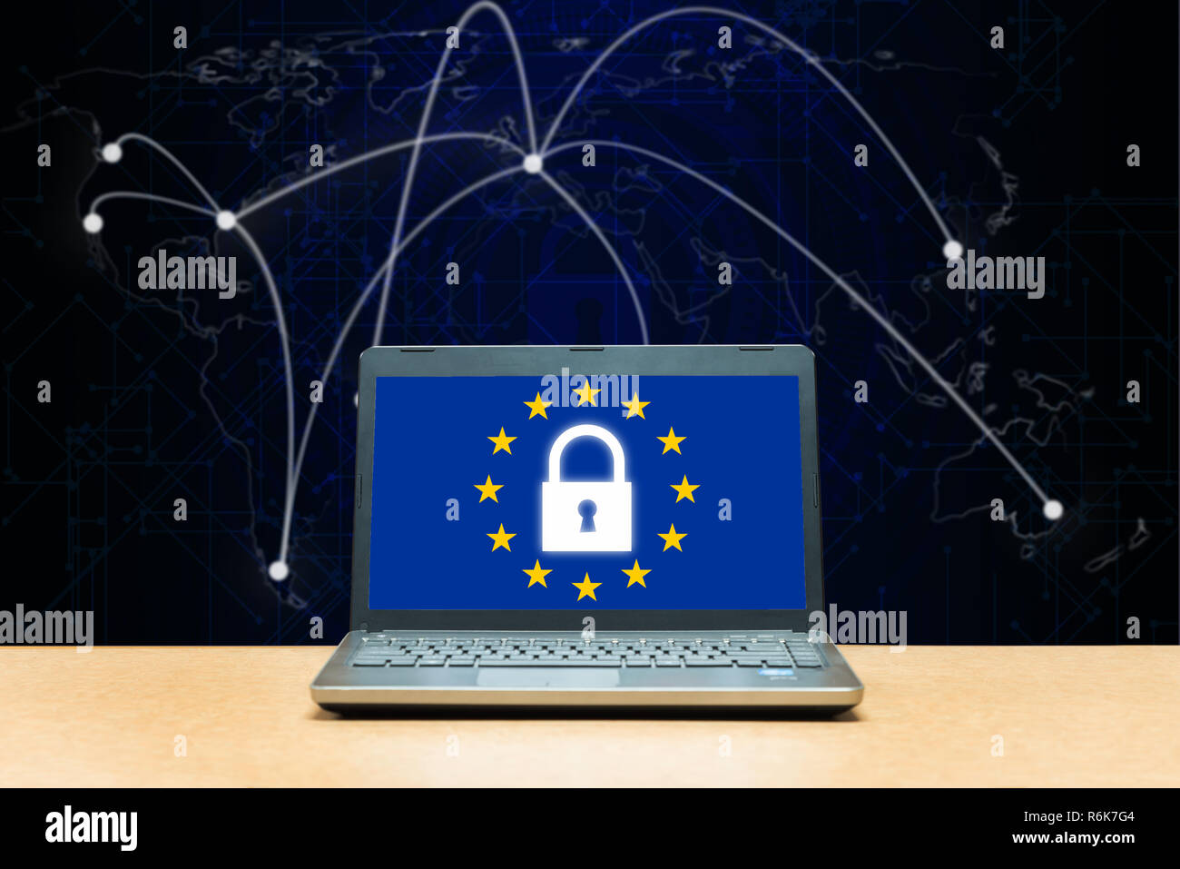 General Data Protection Regulation - laptop on a table, blue screen with GDPR Stock Photo