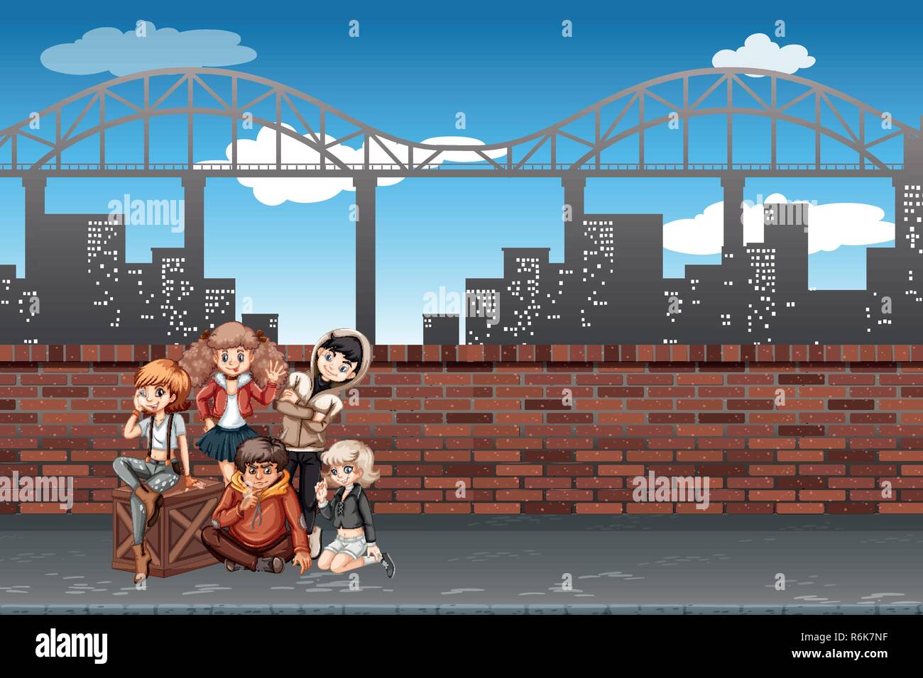 A group of teenagers in urban scene illustration Stock Vector Image ...