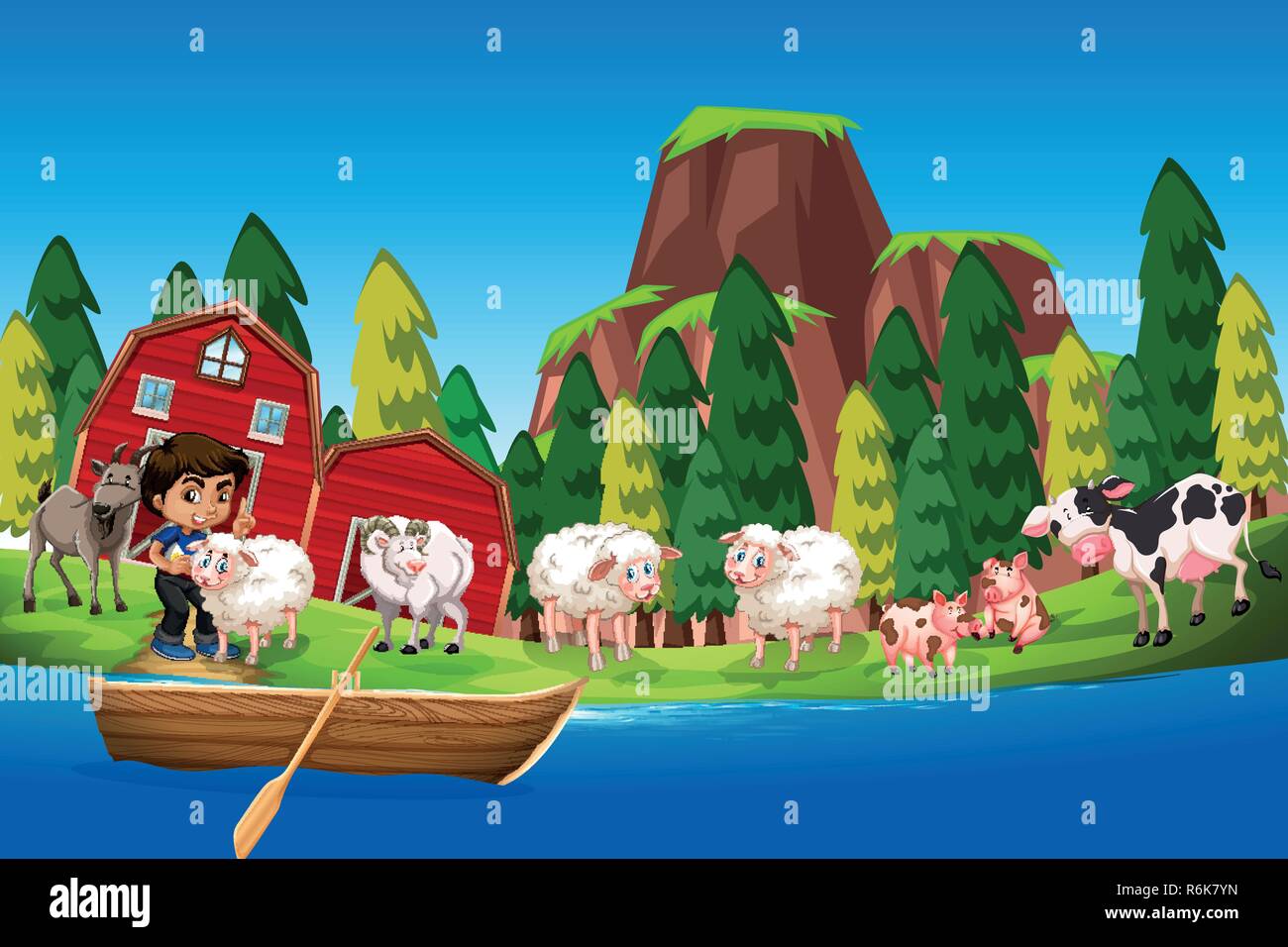 Farm scene with boy and animals illustration Stock Vector Image & Art ...