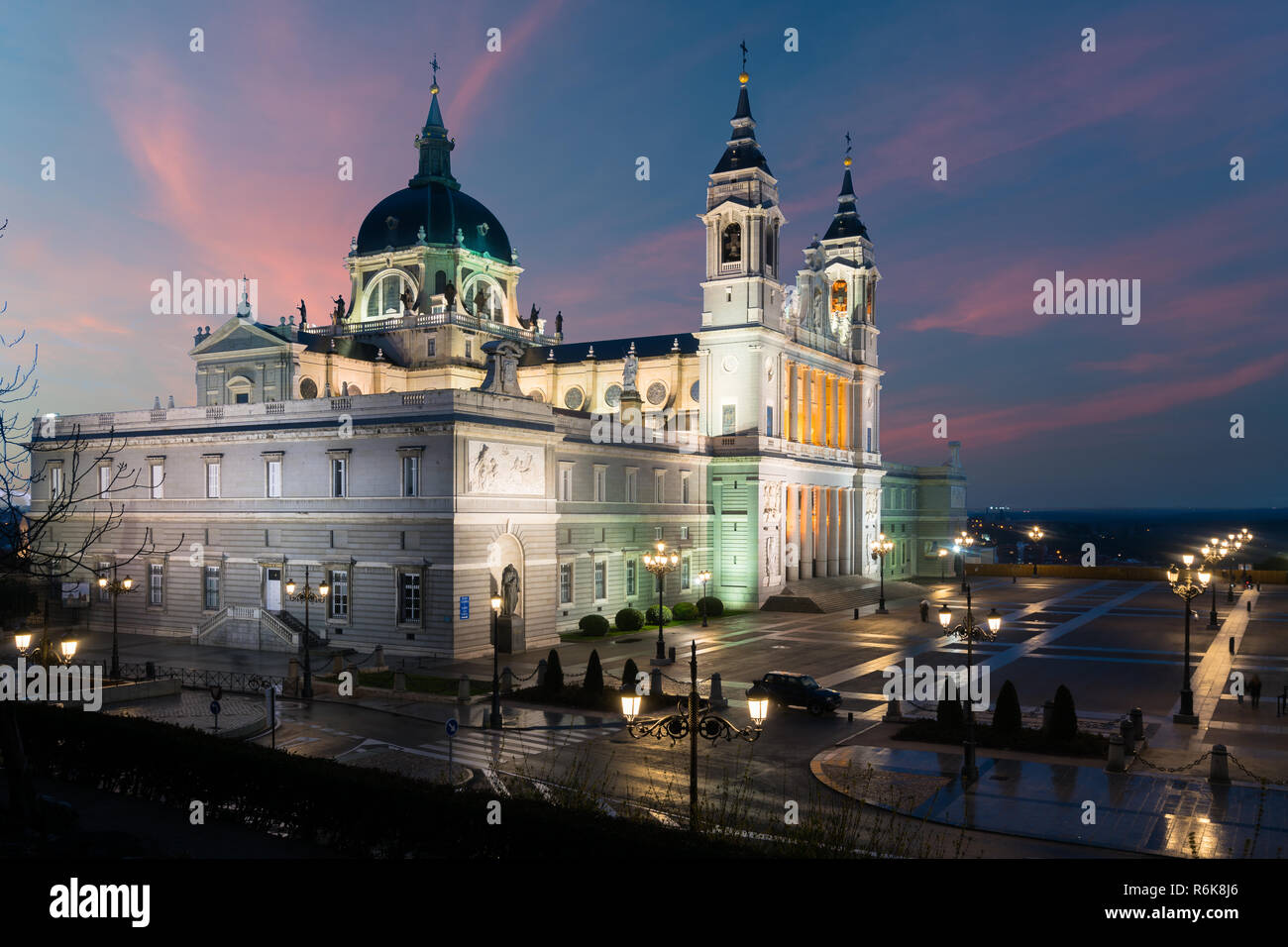 Madrid. Image of Madrid skyline with Santa Maria la Real de La Almudena Cathedral and the Royal Palace during sunset. Stock Photo