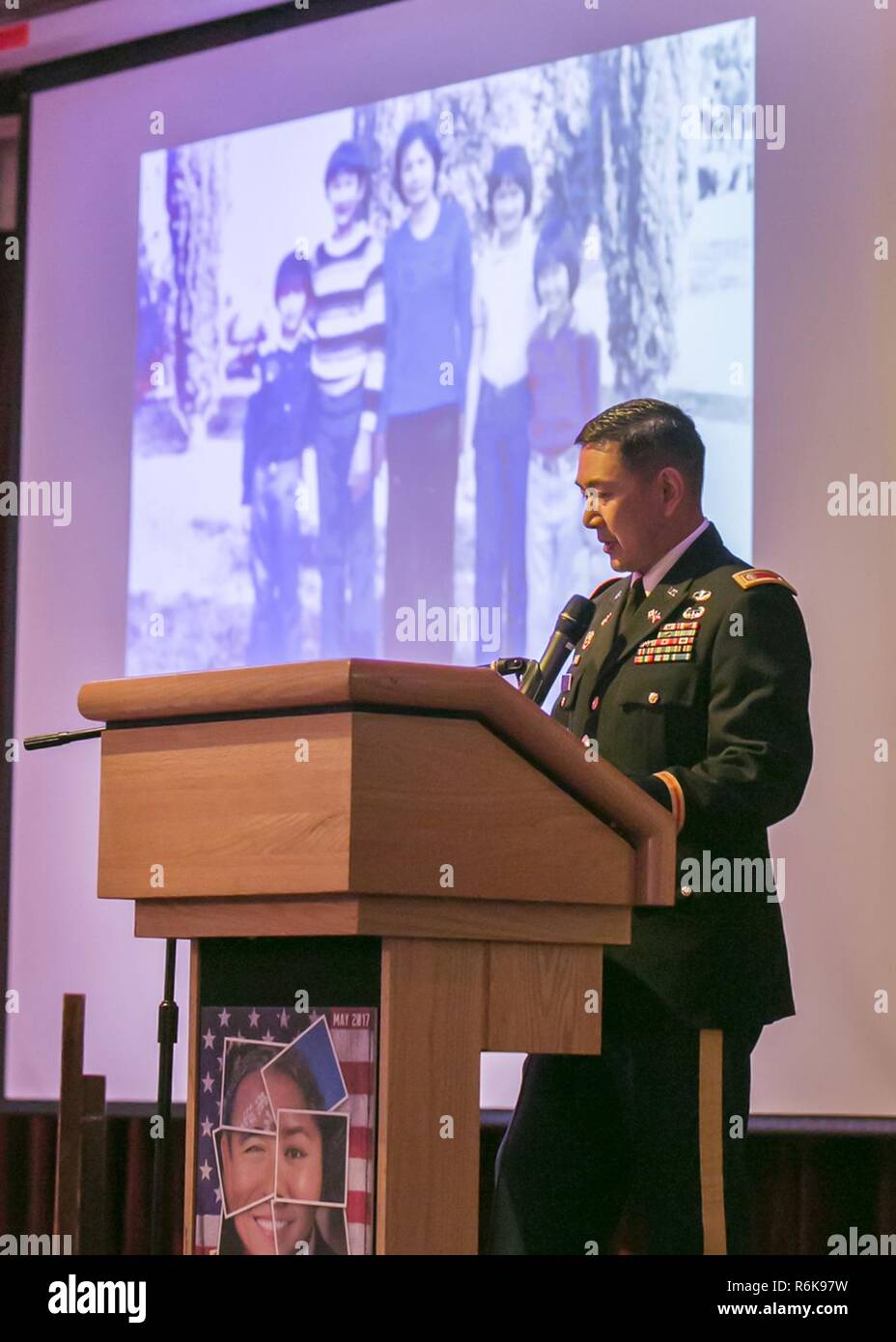 Lt. Col. Lan Dalat shares his perspective of the American Dream through his family’s story of escape from Vietnam with an audience of community members May 18, 2017 for the Asian American Pacific Islander Heritage Month Observance at Camp Zama Community Club. Stock Photo