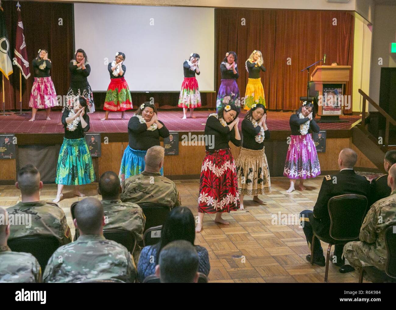 Hawaiian dance team entertains audience members at the Asian American Pacific Islander Heritage Month Observance May 18, 2017 at Camp Zama Community Club. Stock Photo