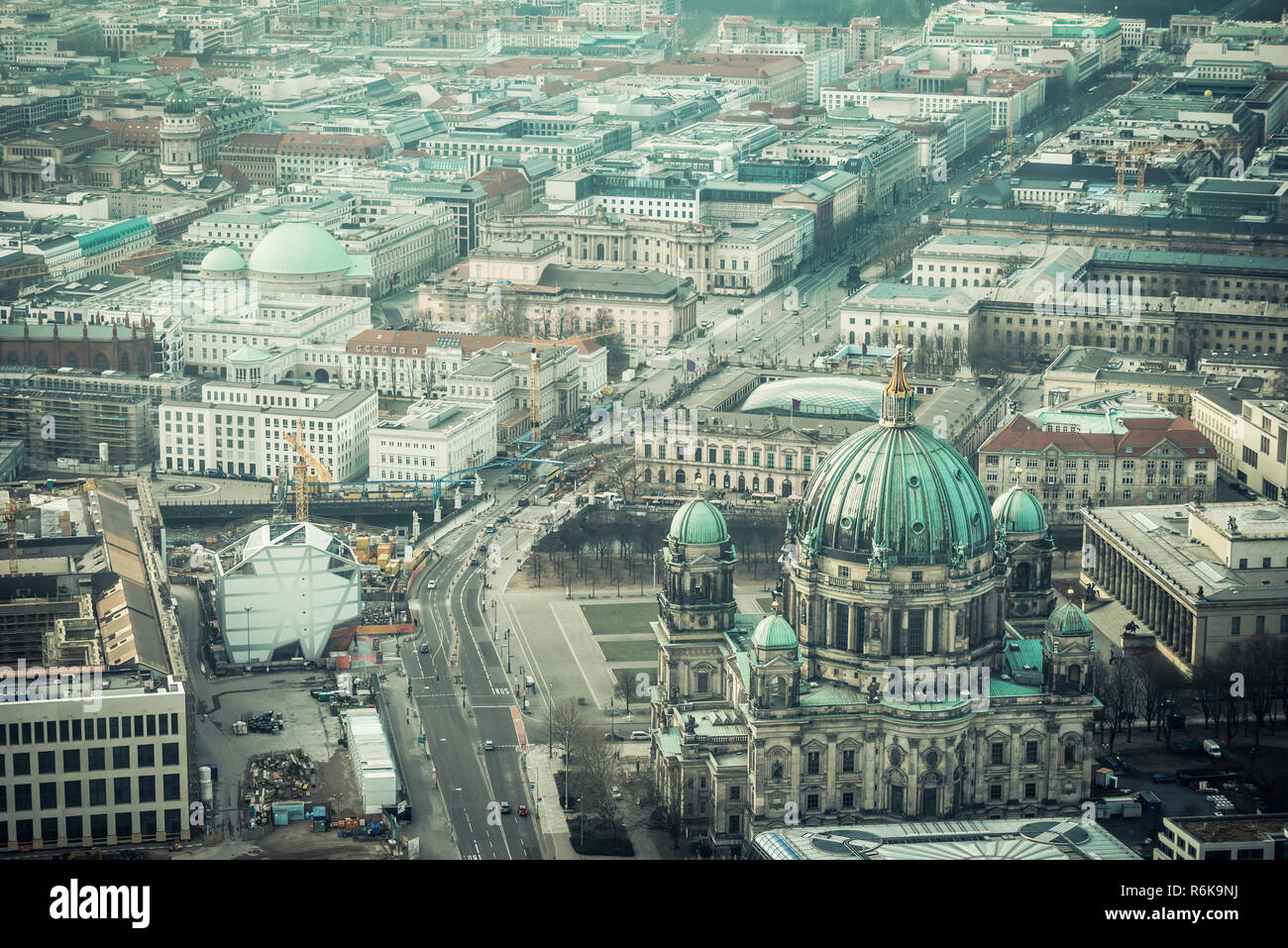 Panorama of Berlin downtown; Picturesque view on Berlin city from television tower; Retro filter Stock Photo
