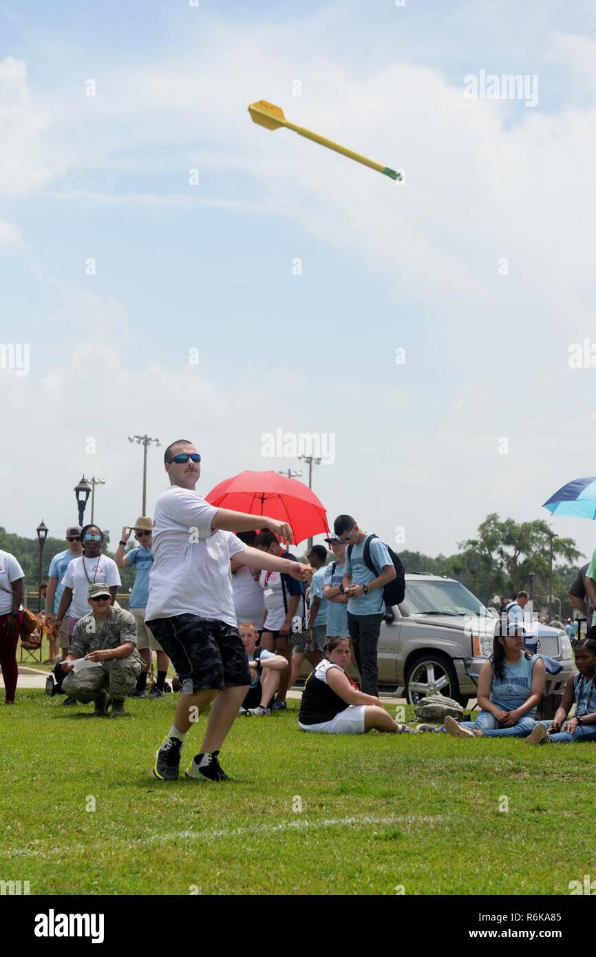 A Special Olympic athlete competes in the javelin throw during the