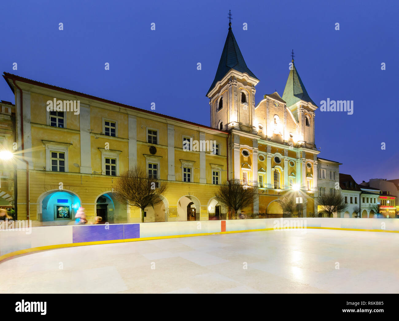 Ice skating rink in Main Market Square of Zilina, Slovakia at Christmas. Stock Photo