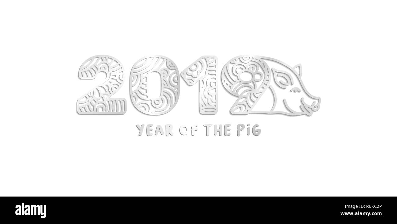 2019 silver laser cut ornate numbers and piggy face vector illustration. Year of the Pig handwritten red lettering. Decorative paper cut clipart with wavy pattern. Piggy Sign Greeting card Stock Vector