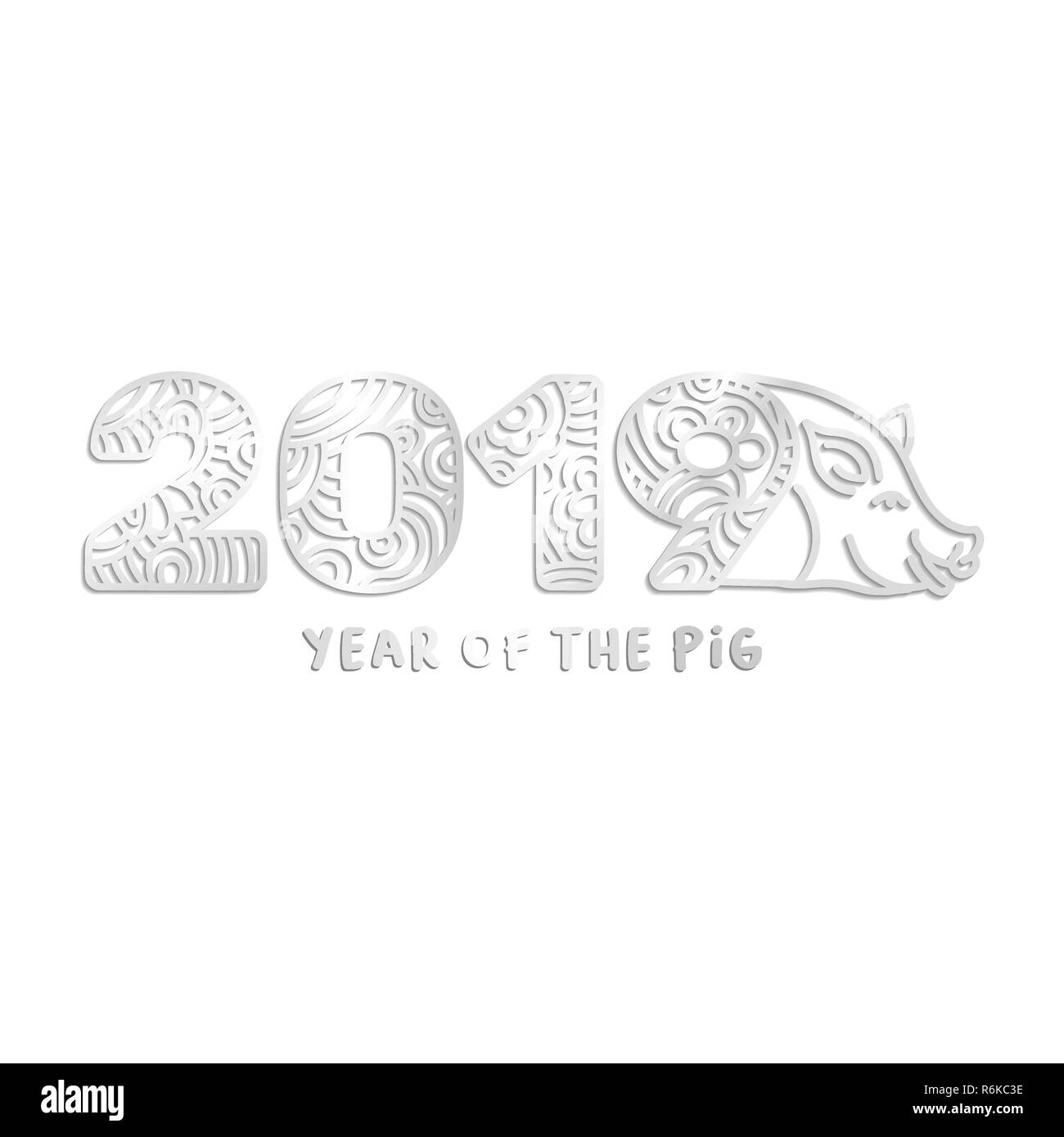 2019 silver laser cut ornate numbers and piggy face vector illustration. Year of the Pig handwritten red lettering. Decorative paper cut clipart with wavy pattern. Piggy Sign Greeting card Stock Vector