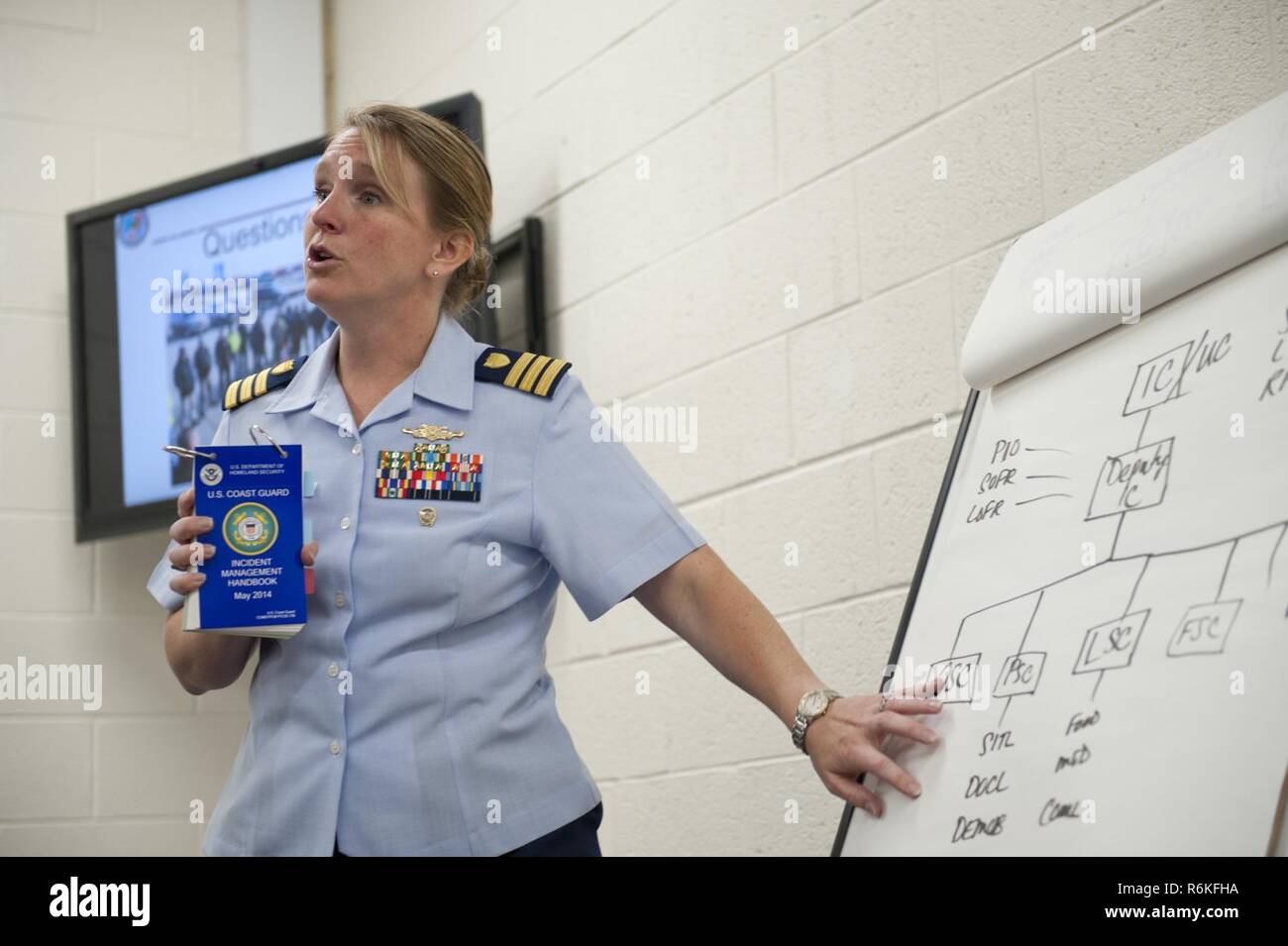 Coast Guard Cdr. Peggy Britton, response chief of Sector Hampton Roads in Portsmouth, Virginia, explains the Incident Command System to students from Queensland University of Technology in Brisbane, Queensland, Australia, at sector May 25, 2017.The students are pursuing master's degrees in complex program leadership and visited Sector Hampton Roads to learn about the Coast Guard's structure and interagency strategies. Stock Photo