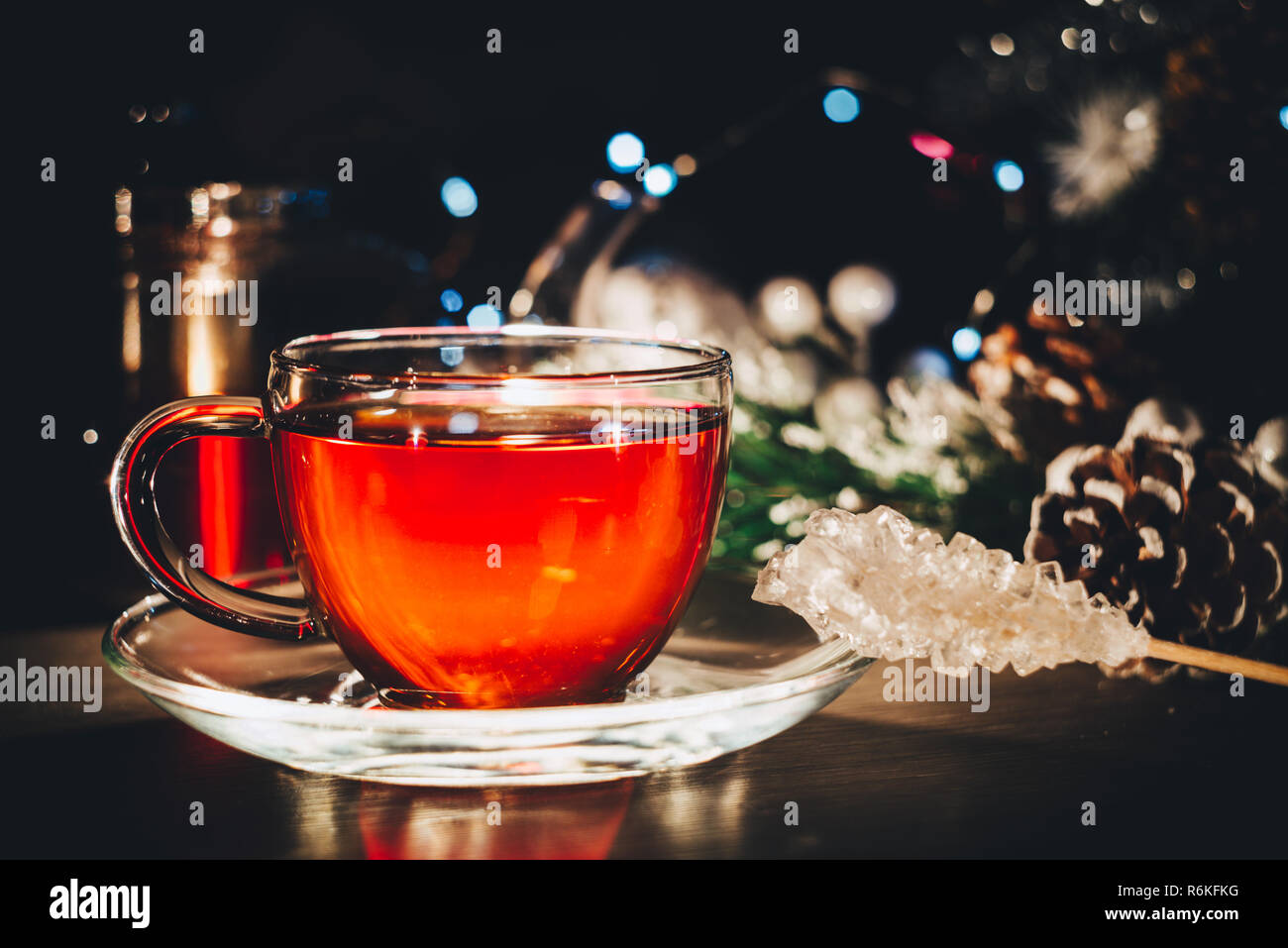 Cup of hot tea on table. Cozy winter evening Stock Photo