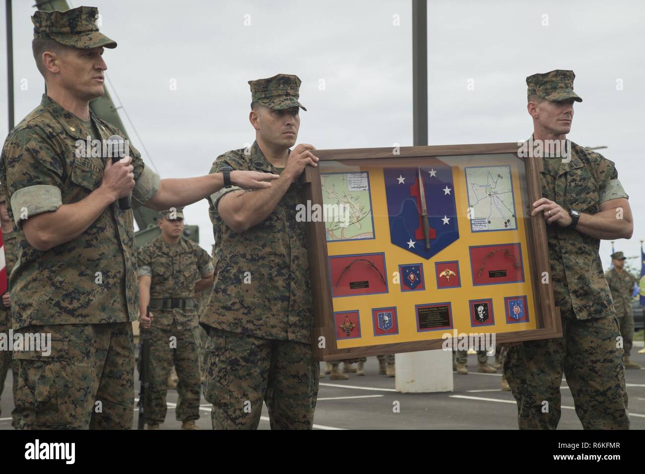 U.S. Marines with 1st Marine Raider Support Battalion present Lt. Col