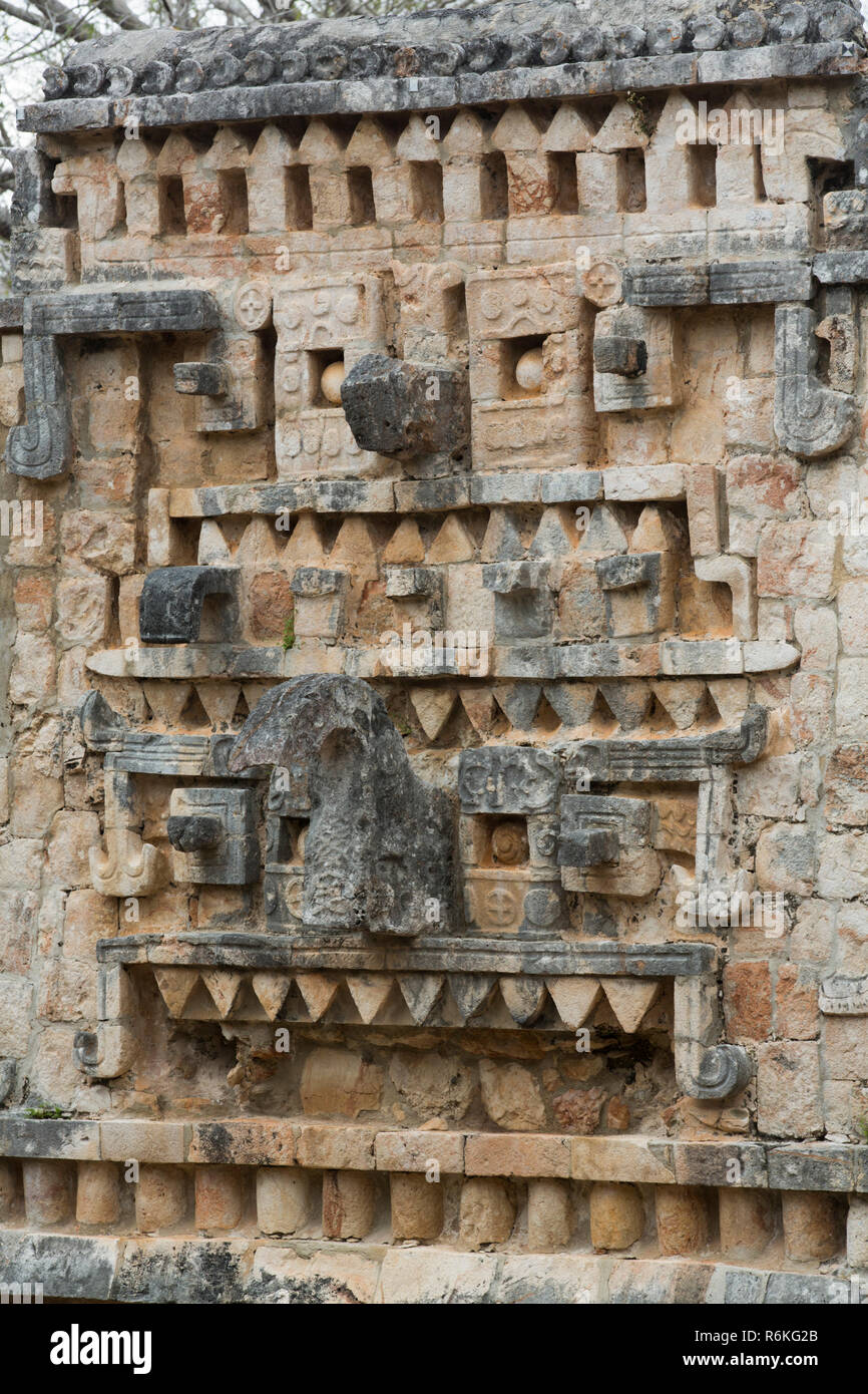 Chac Rain God Stone Mask, Palace, Xlapak Archaeological Site, Mayan Ruins, Puuc Style, Yucatan, Mexico Stock Photo