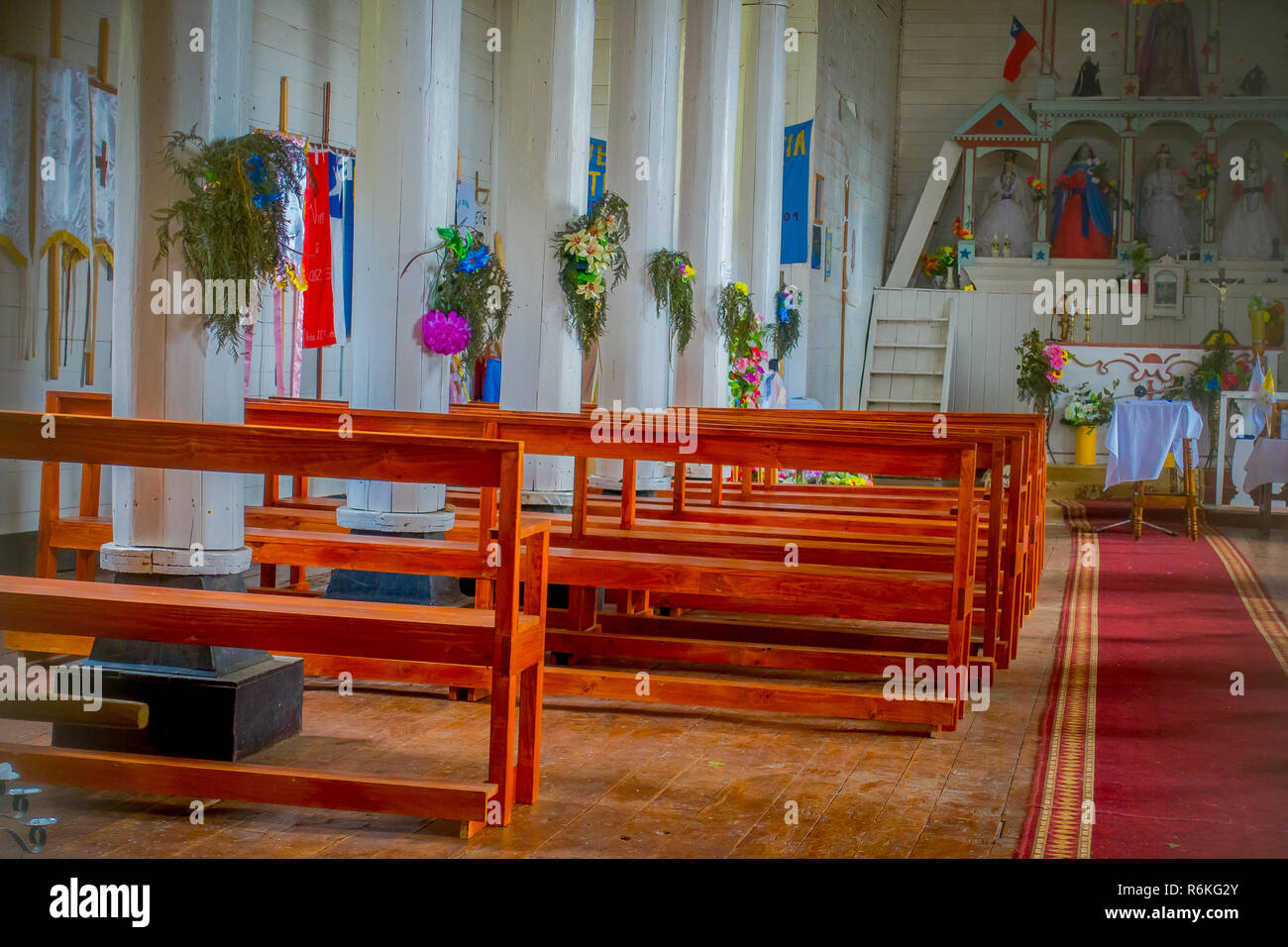 CHILOE, CHILE - SEPTEMBER, 27, 2018: Inside view of Jes s of Nazareno church in Aldachildo on Lemuy Island, is one of the Churches of Chilo Archipelag Stock Photo