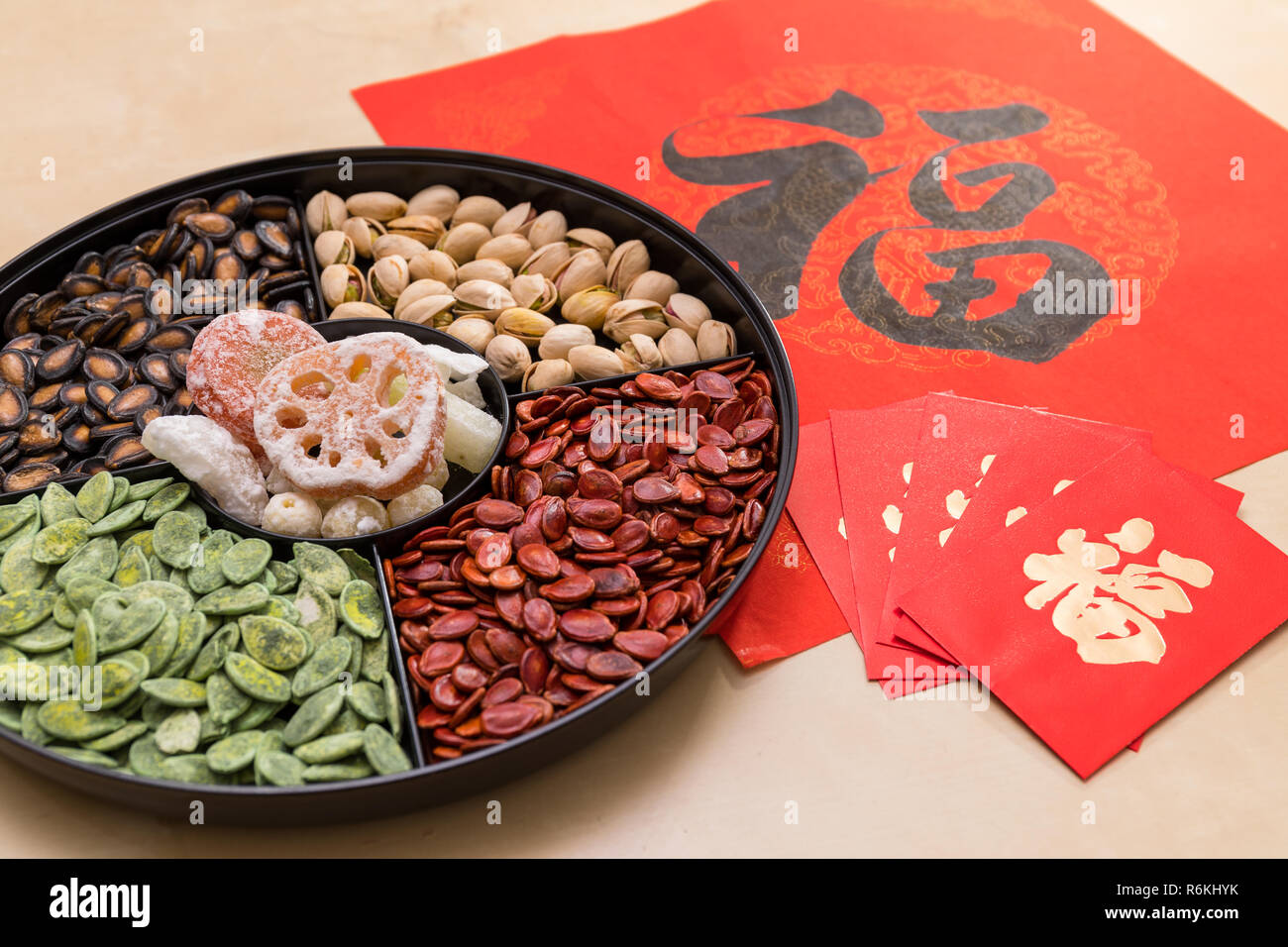 Traditional chinese snack tray with red packet and chinese calligraphy