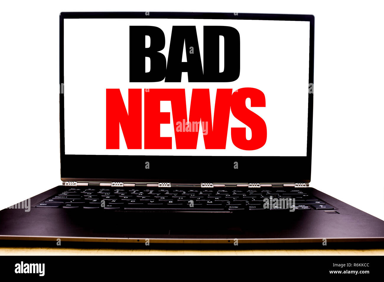 Handwritten text showing Bad News. Business concept writing for Failure Media Newspaper Written on monitor front screen, white background with space office view. Stock Photo