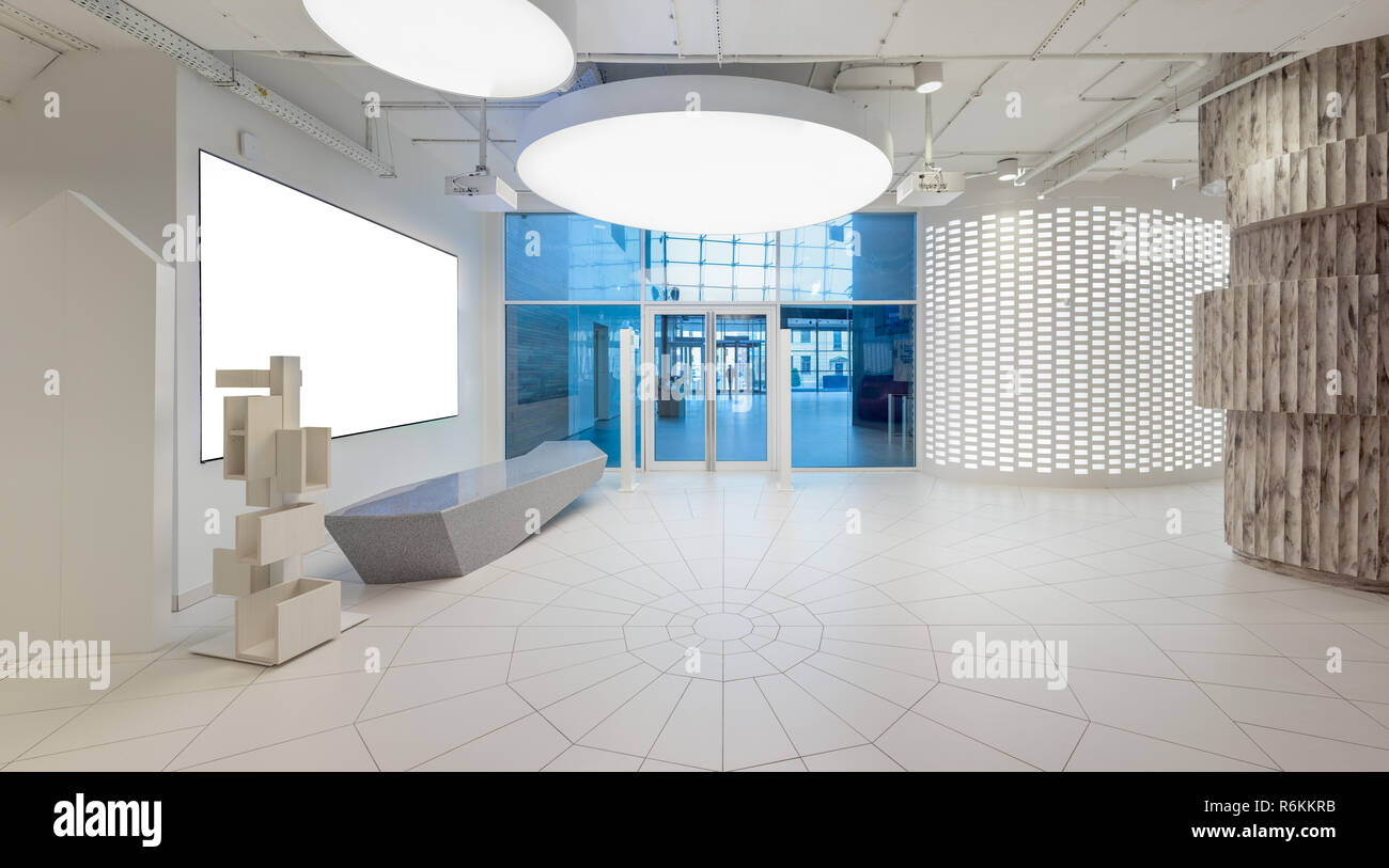 Office Lobby Interior With Reception Desk And Info Display