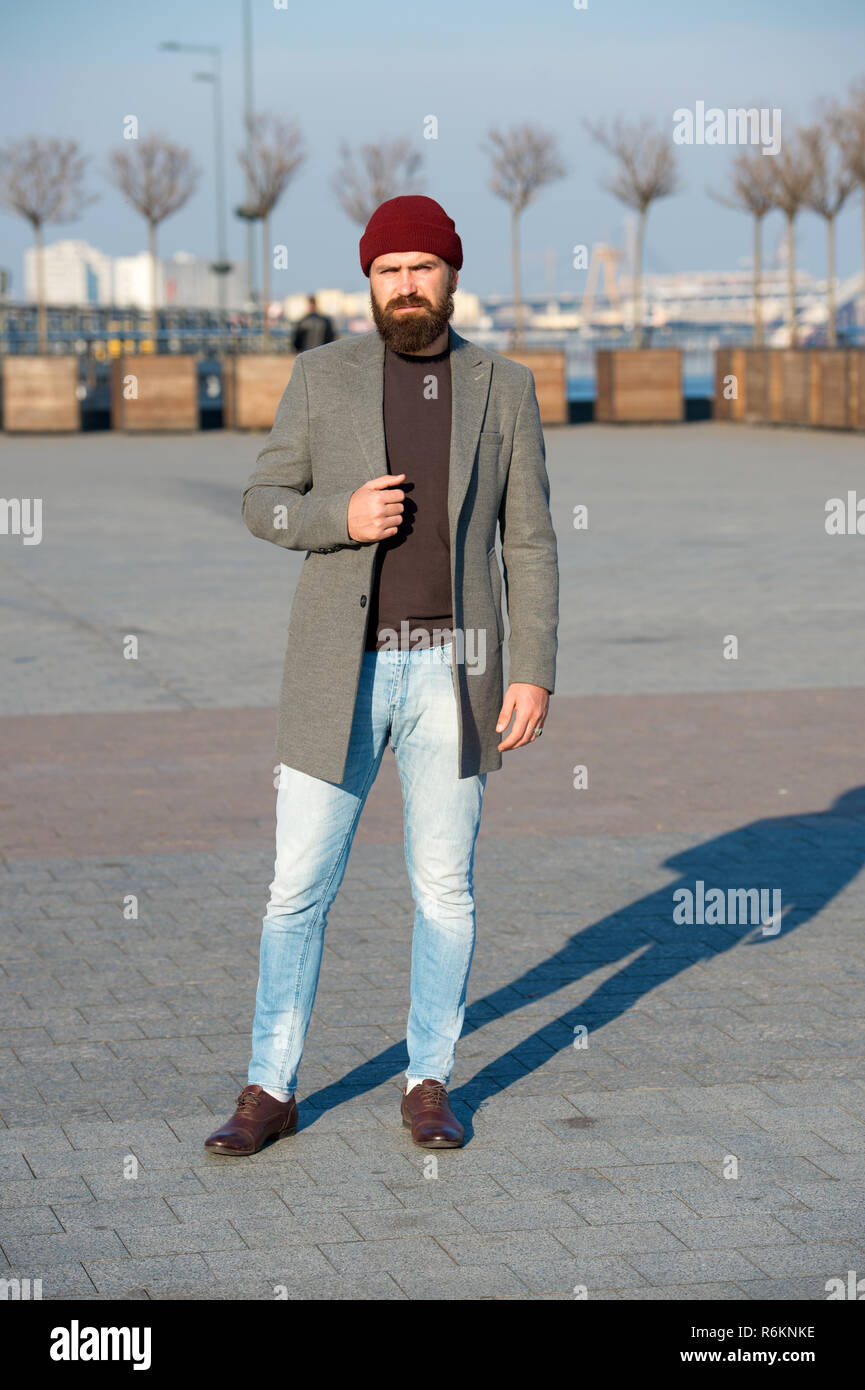 Hipster outfit. Stylish casual outfit for fall and winter season. Menswear  and male fashion concept. Man bearded hipster stylish fashionable coat.  Comfortable and cool. Masculine casual outfit Stock Photo - Alamy