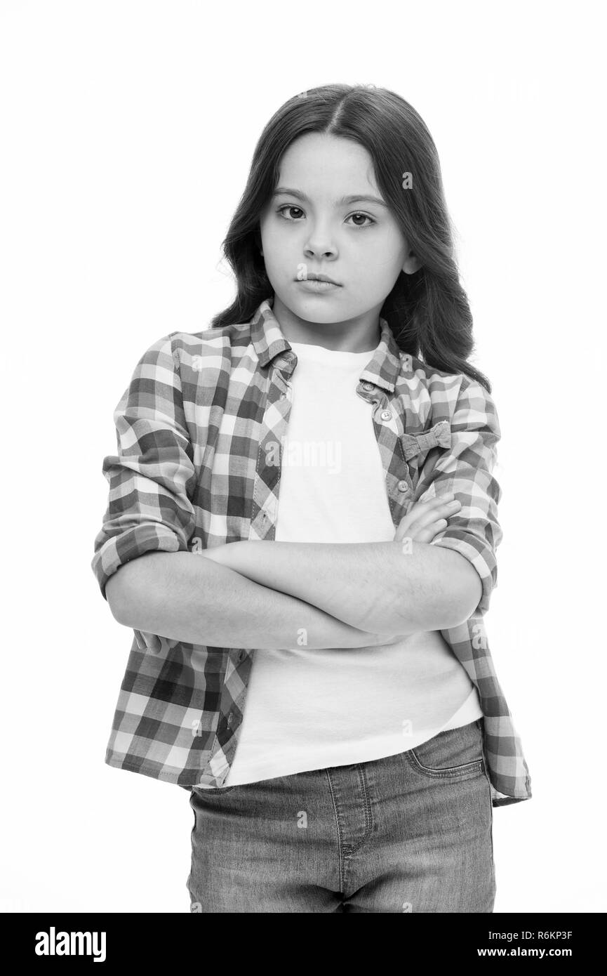 Girl Keep Arms Crossed Isolated On White Little Child With Cute