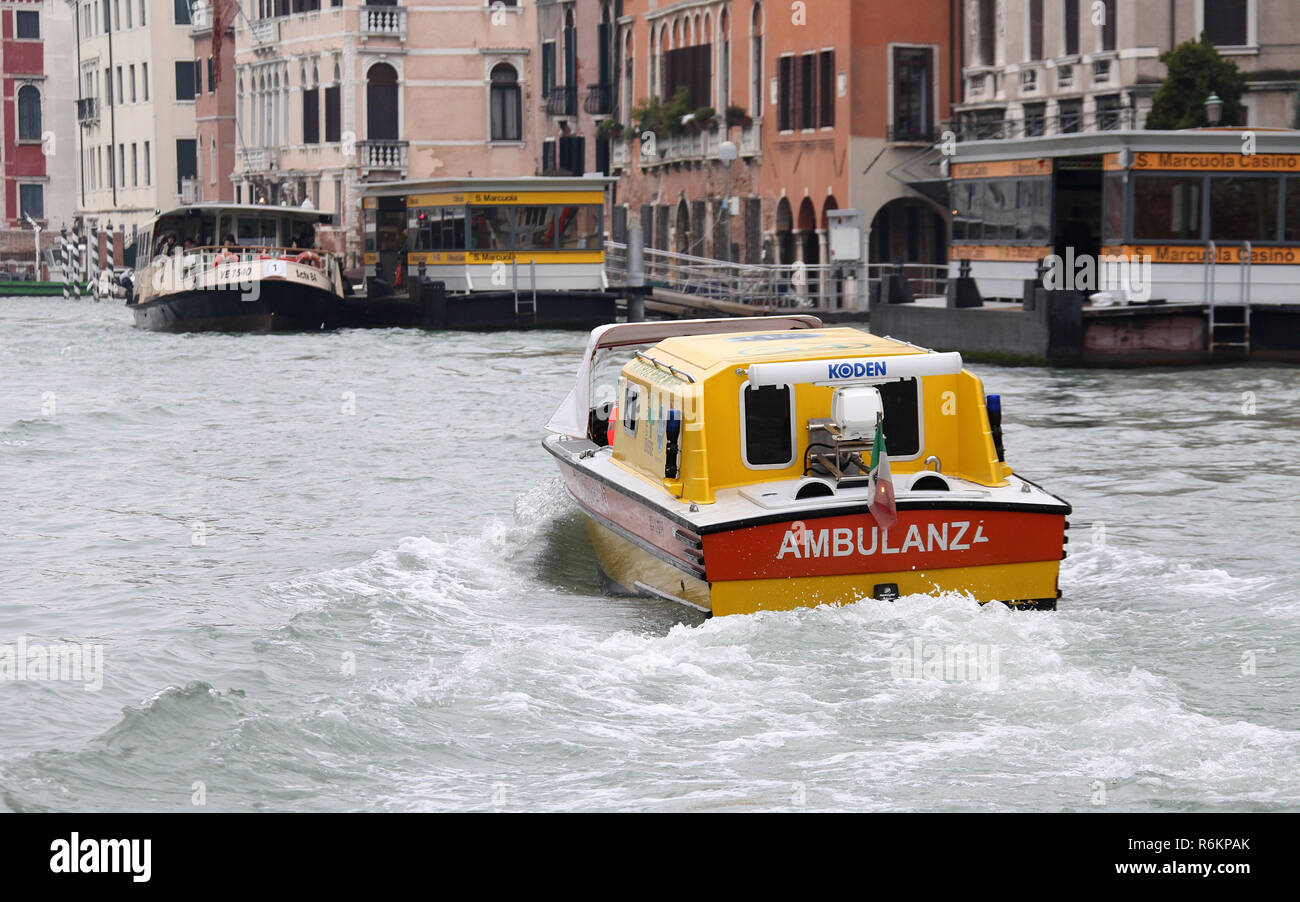 Venetian water ambulance on the Grand Canal Stock Photo