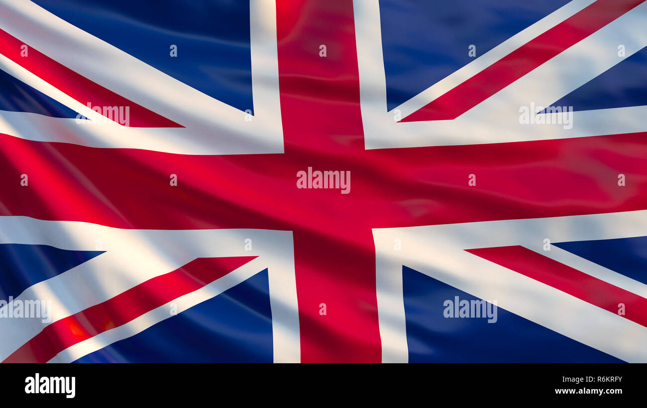 Union Jack waving flag. United Kingdom flag. Red cross on combined red and  white saltires with white borders, over dark blue background. 3d illustrati  Stock Photo - Alamy