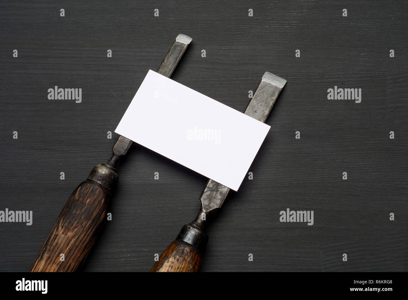 joinery tools on wood table background with business card and copy space. Stock Photo