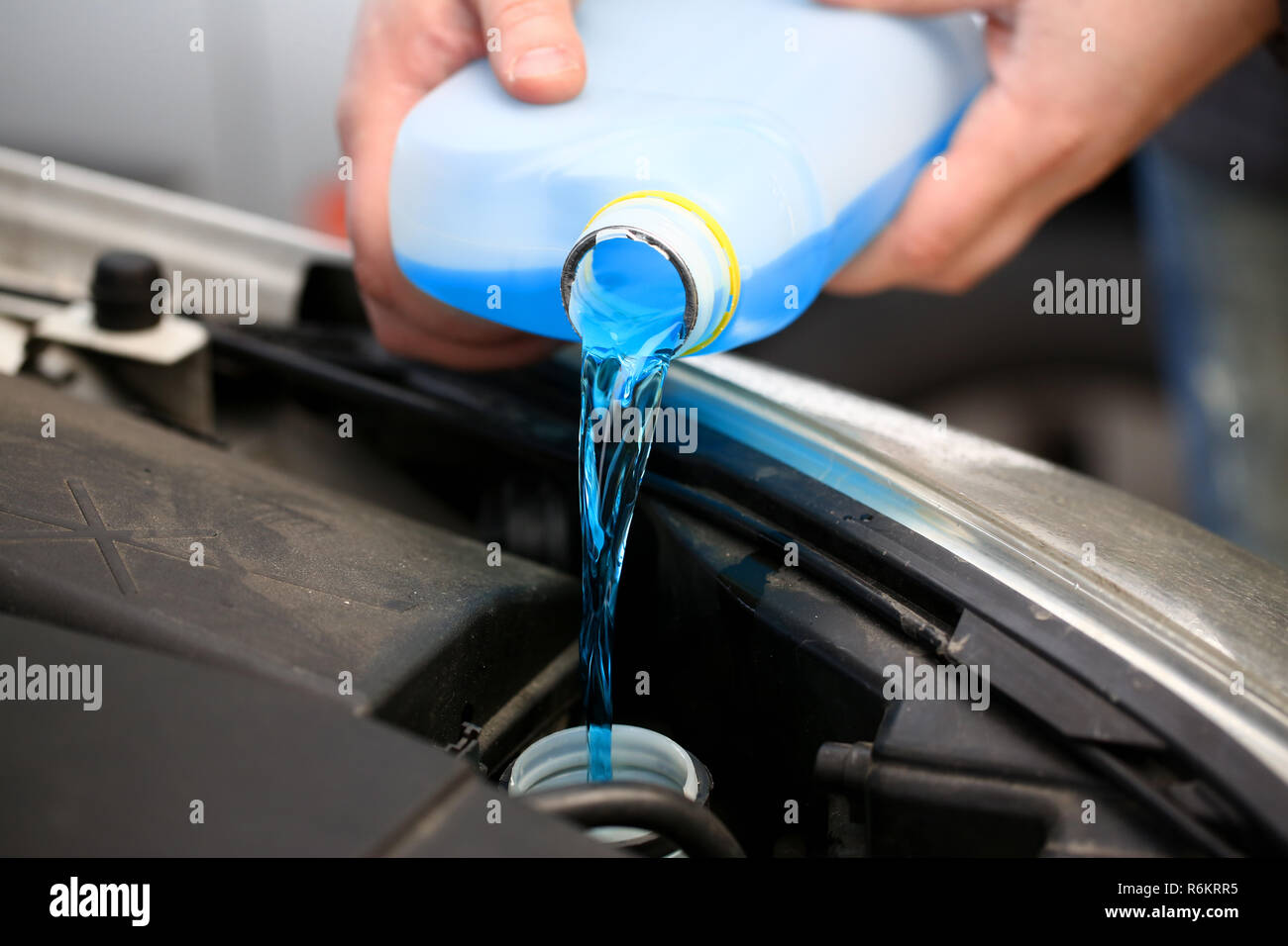 Male hands hold bottle of blue antifreeze in Stock Photo