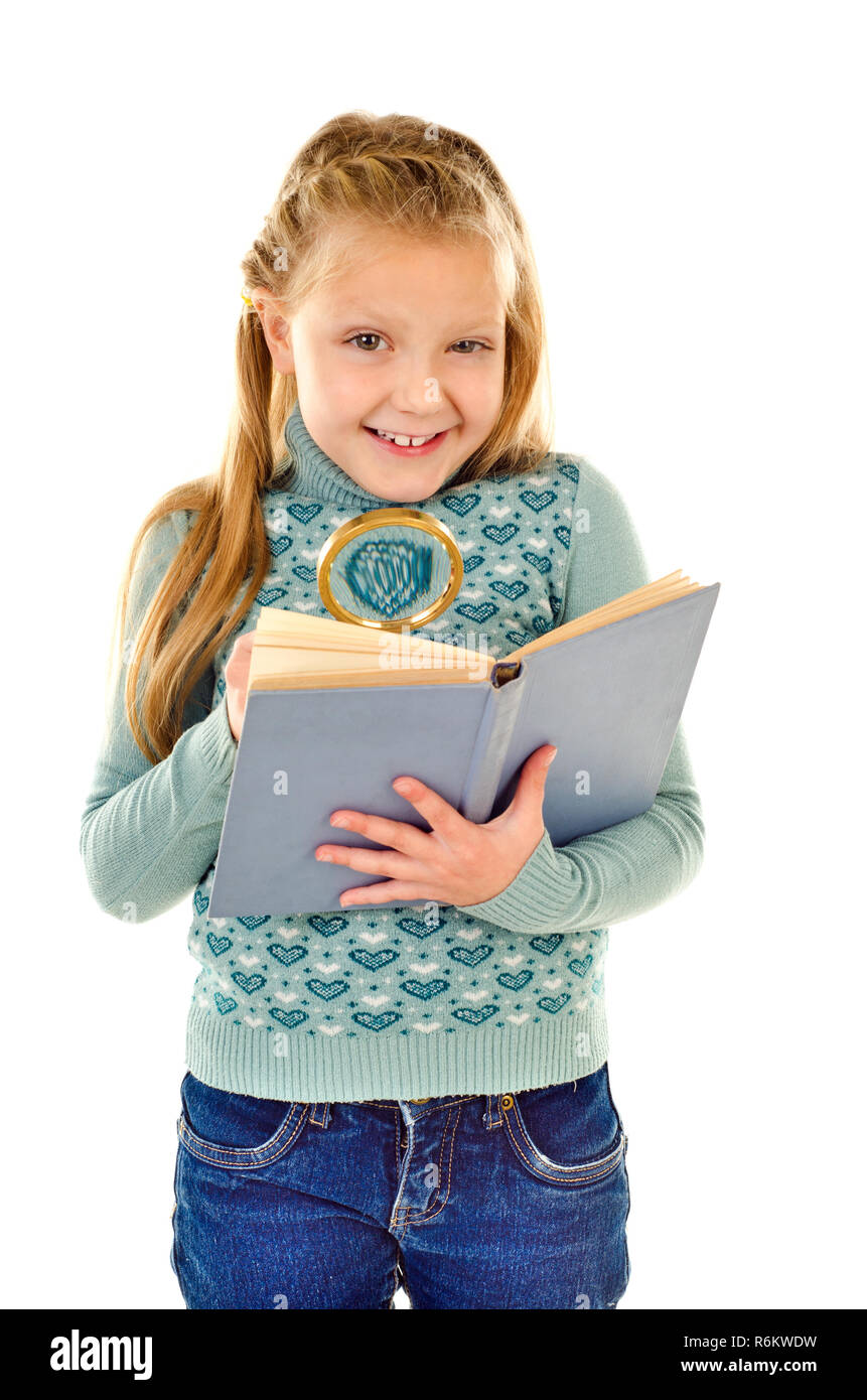 little girl reading book isolated on a white background Stock Photo - Alamy