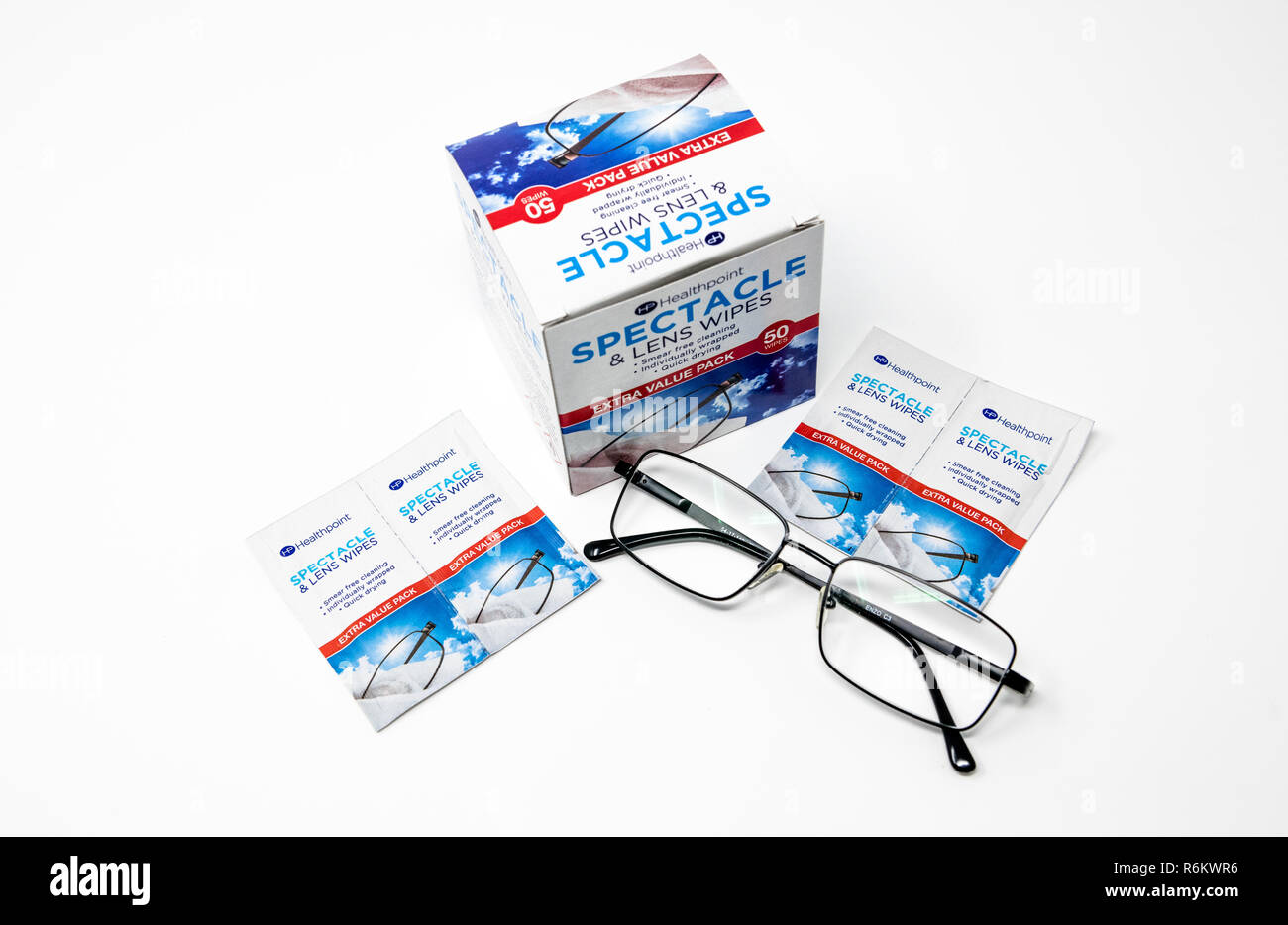 Healthpoint lens and spectacle wipes. Stock Photo