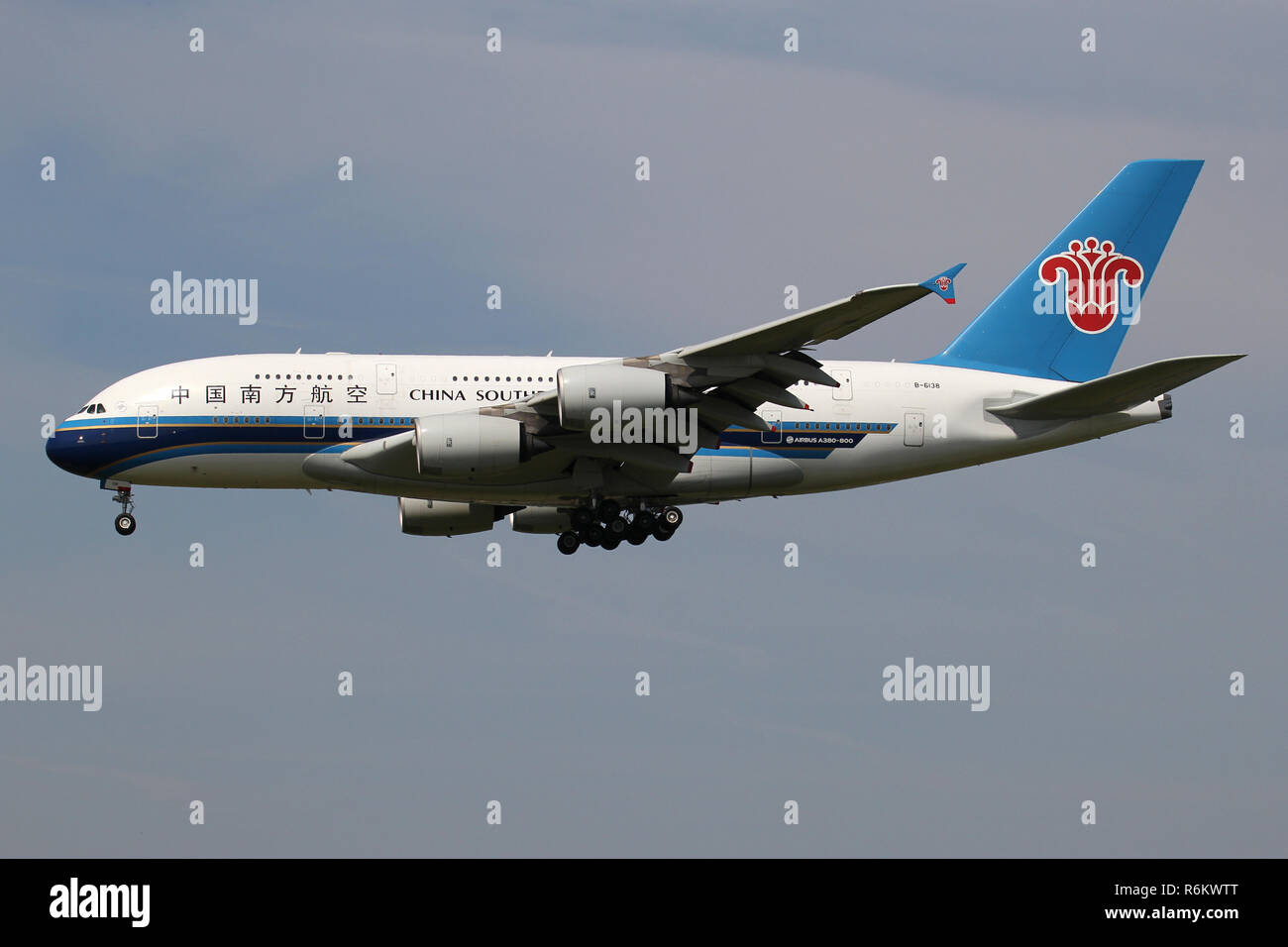 China Southern Airlines Airbus A380 with registration B-6138 on short final for runway 18C of Amsterdam Airport Schiphol. Stock Photo
