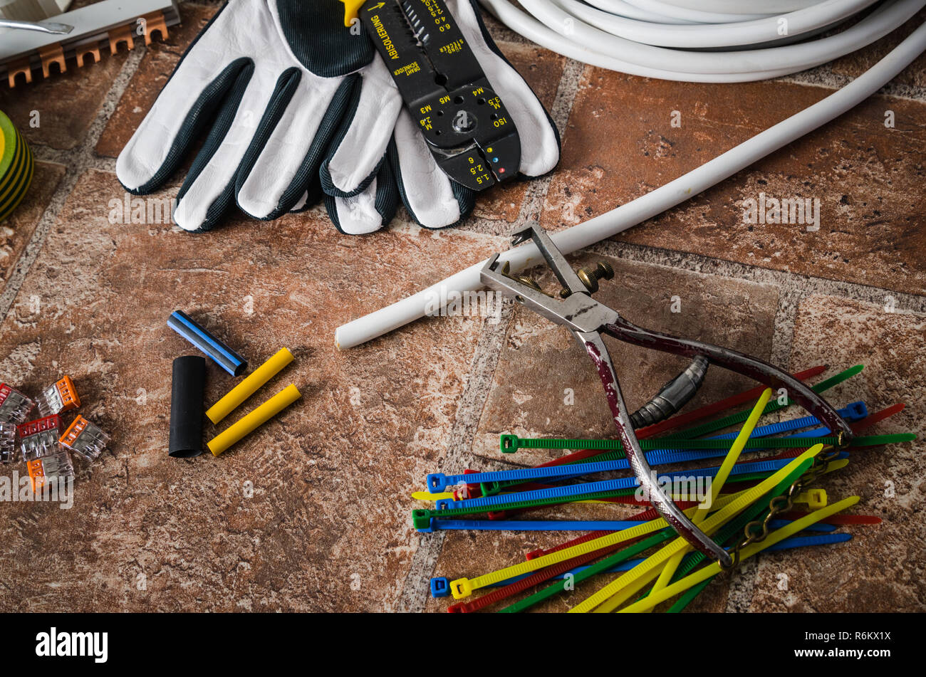 Tools for electrical installation, close-up Stock Photo