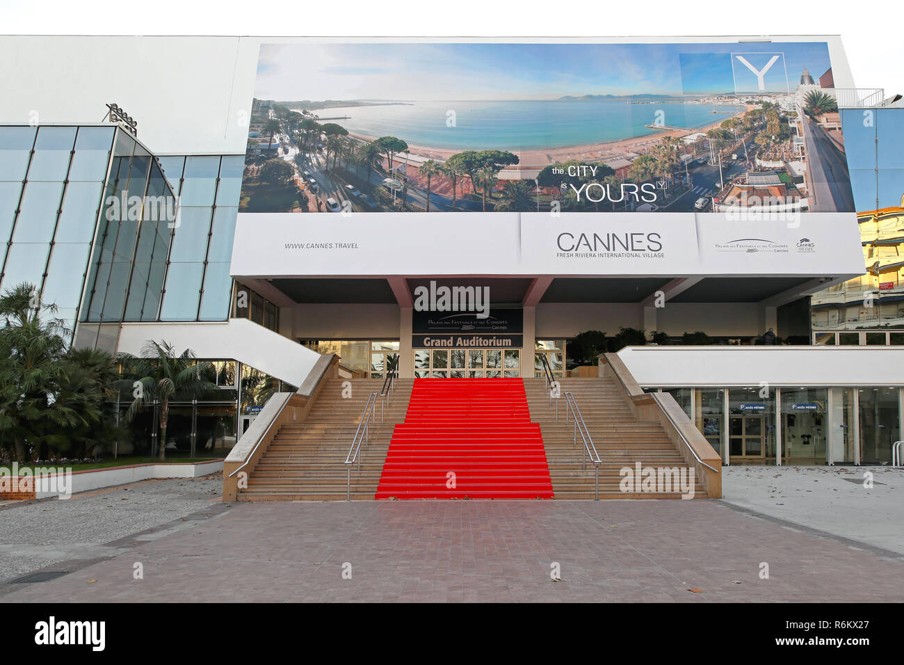 CANNES, FRANCE - JANUARY 20: Grand Auditorium Cannes on JANUARY 20, 2012. Red carpet stairway at Palais des Festivals et des Congres in Cannes, France Stock Photo