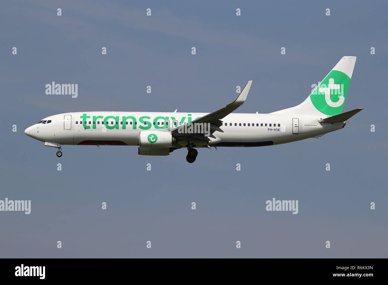 Dutch Transavia Boeing 737-800 with registration PH-HSK on short final for runway 18C of Amsterdam Airport Schiphol. Stock Photo