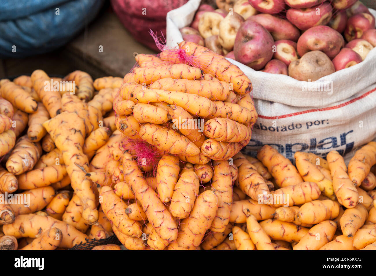 Different types of potatoes on display at Rodriguez market - La Paz, Bolivia Stock Photo