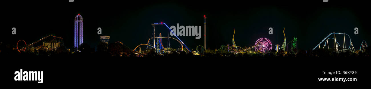 Panorama of Cedar Point Amusement Park at night Stock Photo