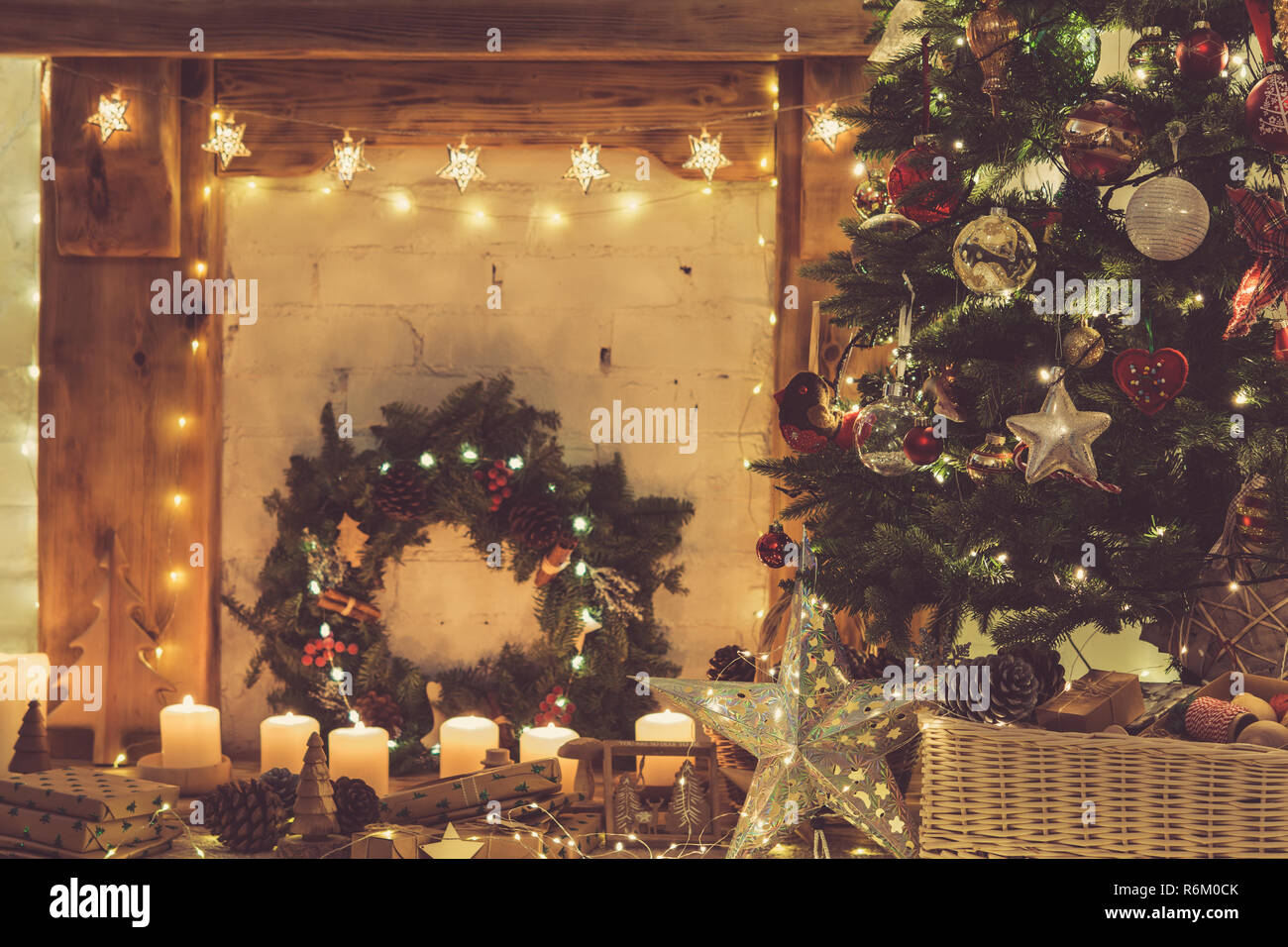Beautiful Christmas Setting Decorated Fireplace With Wooden