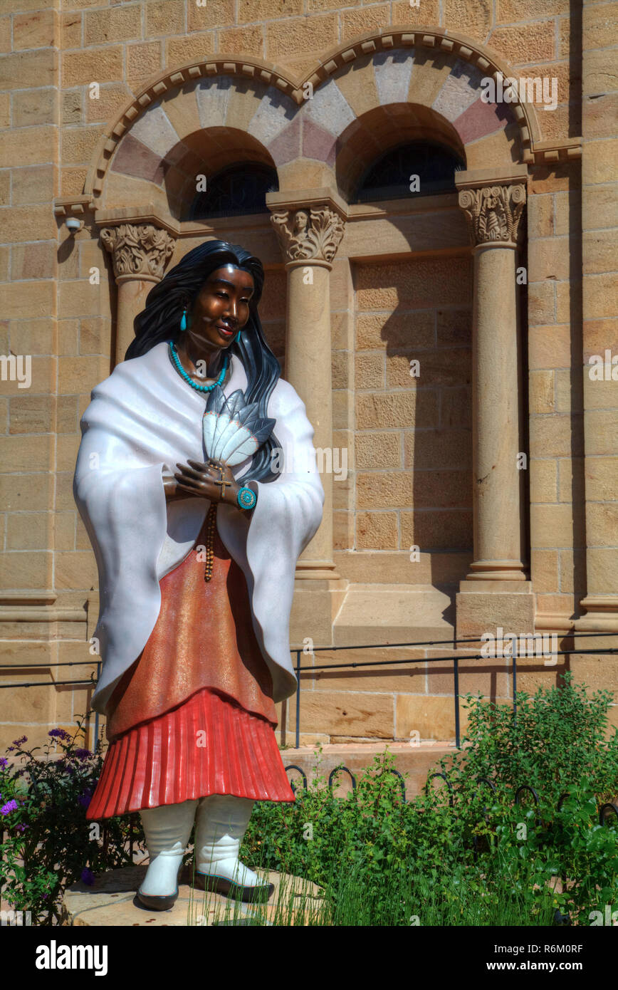 Statue of Saint Kateri Tekakwitha, First North American Indian to be Beatified, Cathedral Basillica of St Francis of Assisi, Santa Fe, New Mexico, USA Stock Photo
