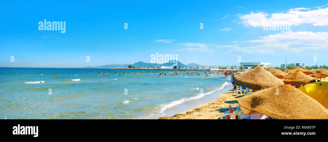 Panoramic view of urban beach in Tunis town. Tunisia, North Africa ...