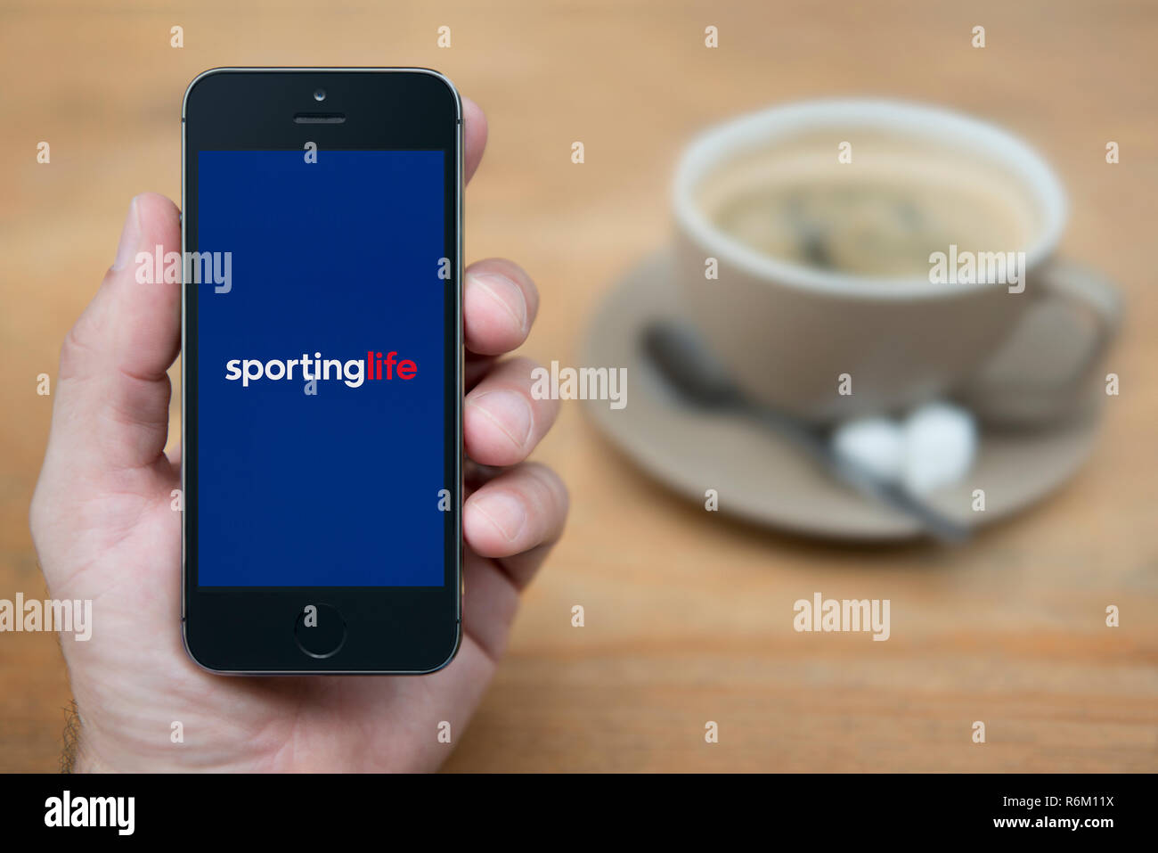 A man looks at his iPhone which displays the Sporting Life logo (Editorial use only). Stock Photo
