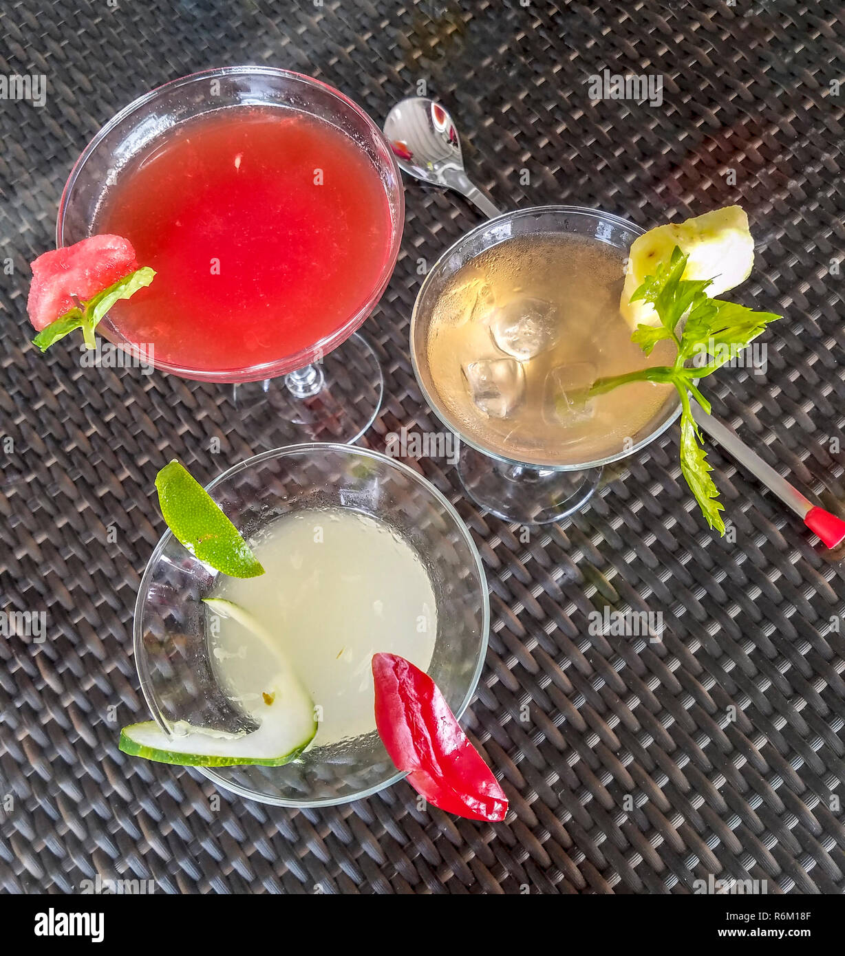 Assorted finished cocktails during 'Create a Cocktail' competition at Mount Gay distillery in Bridgetown, Barbados Stock Photo