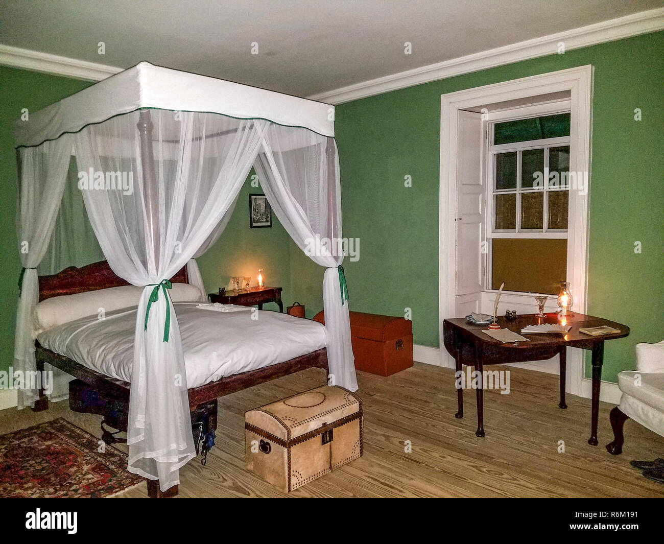 Restored bedroom occupied by George Washington's ailing brother Lawrence, at the house they occupied in Bridgetown, Barbados. Stock Photo