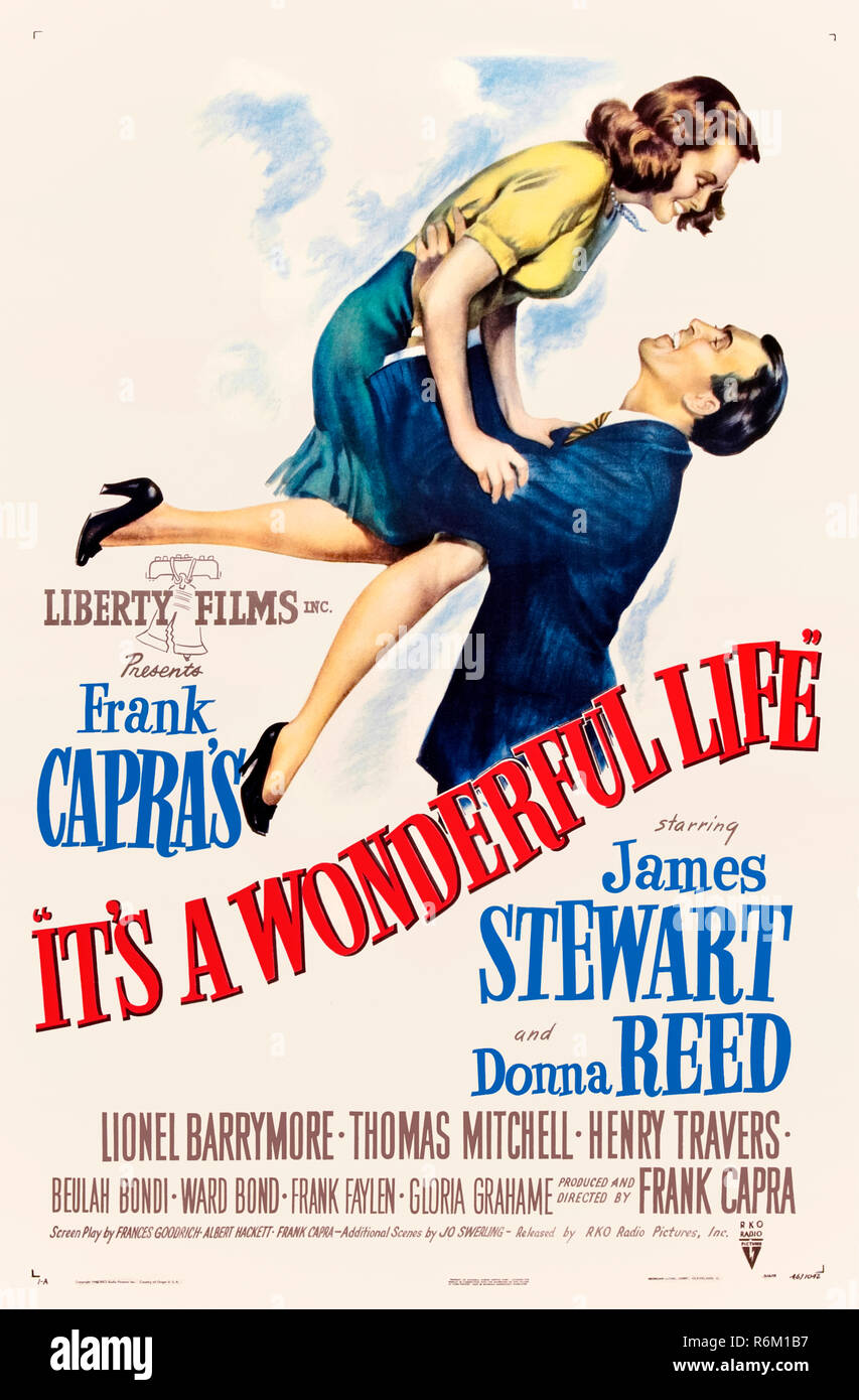 It's a Wonderful Life (1946) directed by Frank Capra and starring James Stewart, Donna Reed, Lionel Barrymore and Thomas Mitchell. Classic fantasy film where a desperate family man is shown by an angel what life would have been like if he never existed. Stock Photo
