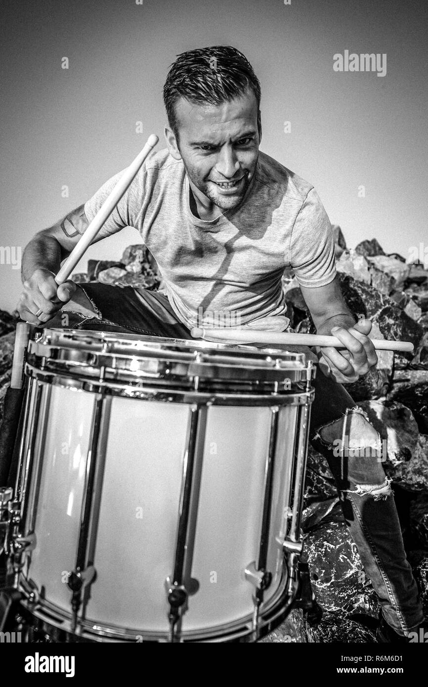 Various details of a performing music artist with percussion instruments Stock Photo Alamy