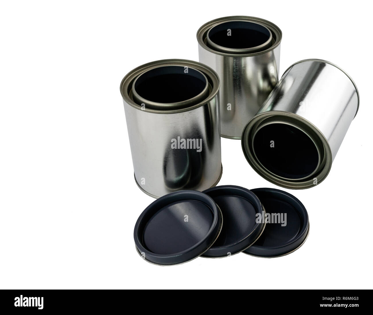 3 single quart paint cans and lids Stock Photo Alamy