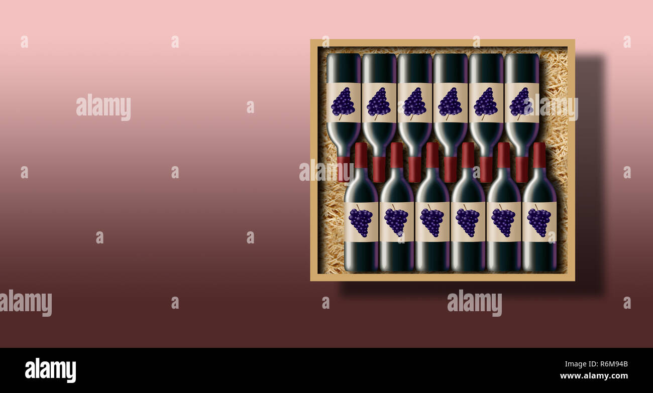 A case of 12 bottles of red wine is shown in this image. This is an illustration of a case of wine. Stock Photo